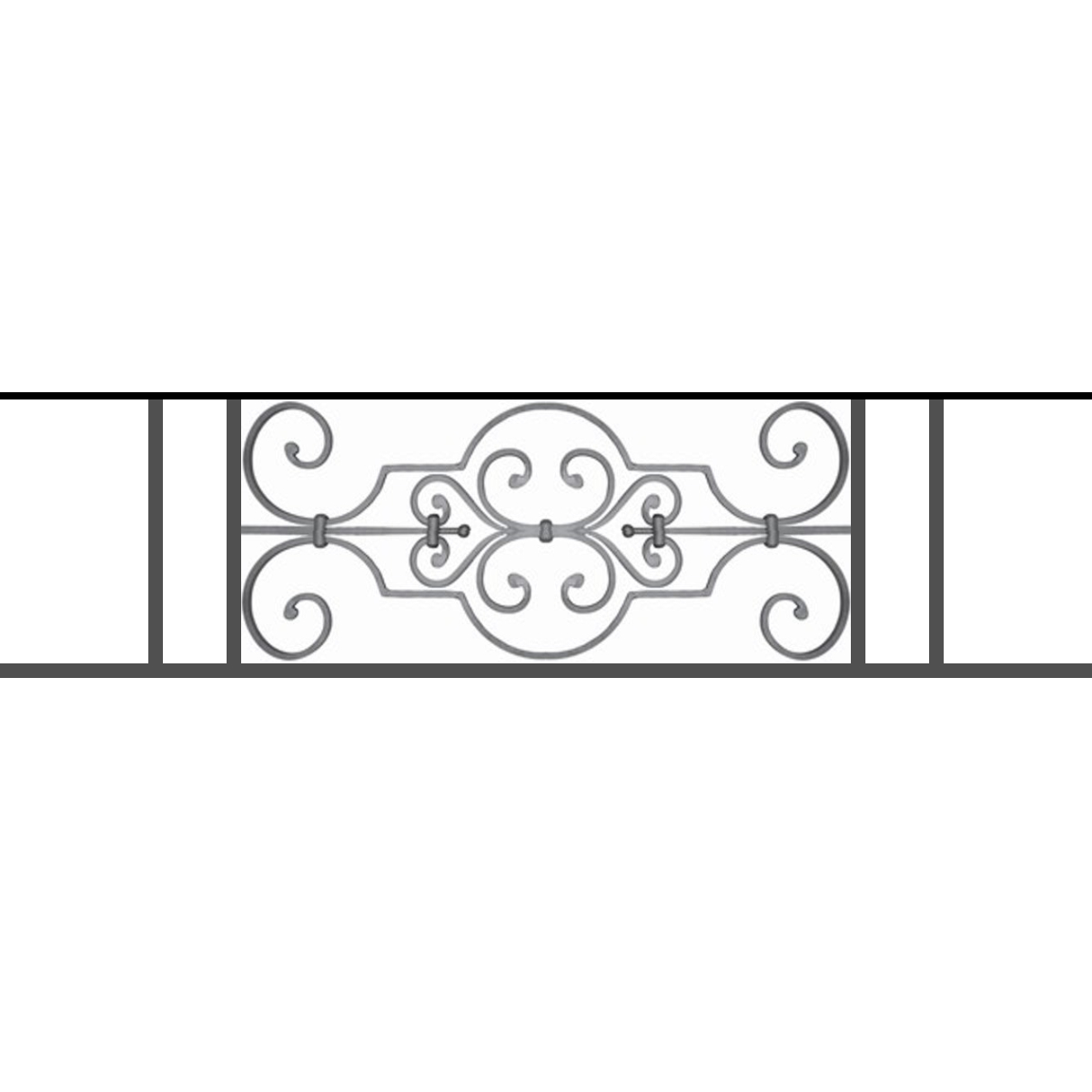Appui de fenêtre type AF004 à sceller dans votre tableau de fenêtre. Longueur finie de 1200mm et Hauteur finie de 314mm. Convient pour les tableaux de fenêtre de 1100mm. 50mm de scellement sont prévue de chaque côté. Main courante laminée de 1100mm de long en fer forgé sur le dessus. Motif au centre de 670mm de long par 290mm de haut. Le reste de la structure est en tube acier carré de 16mm de section.