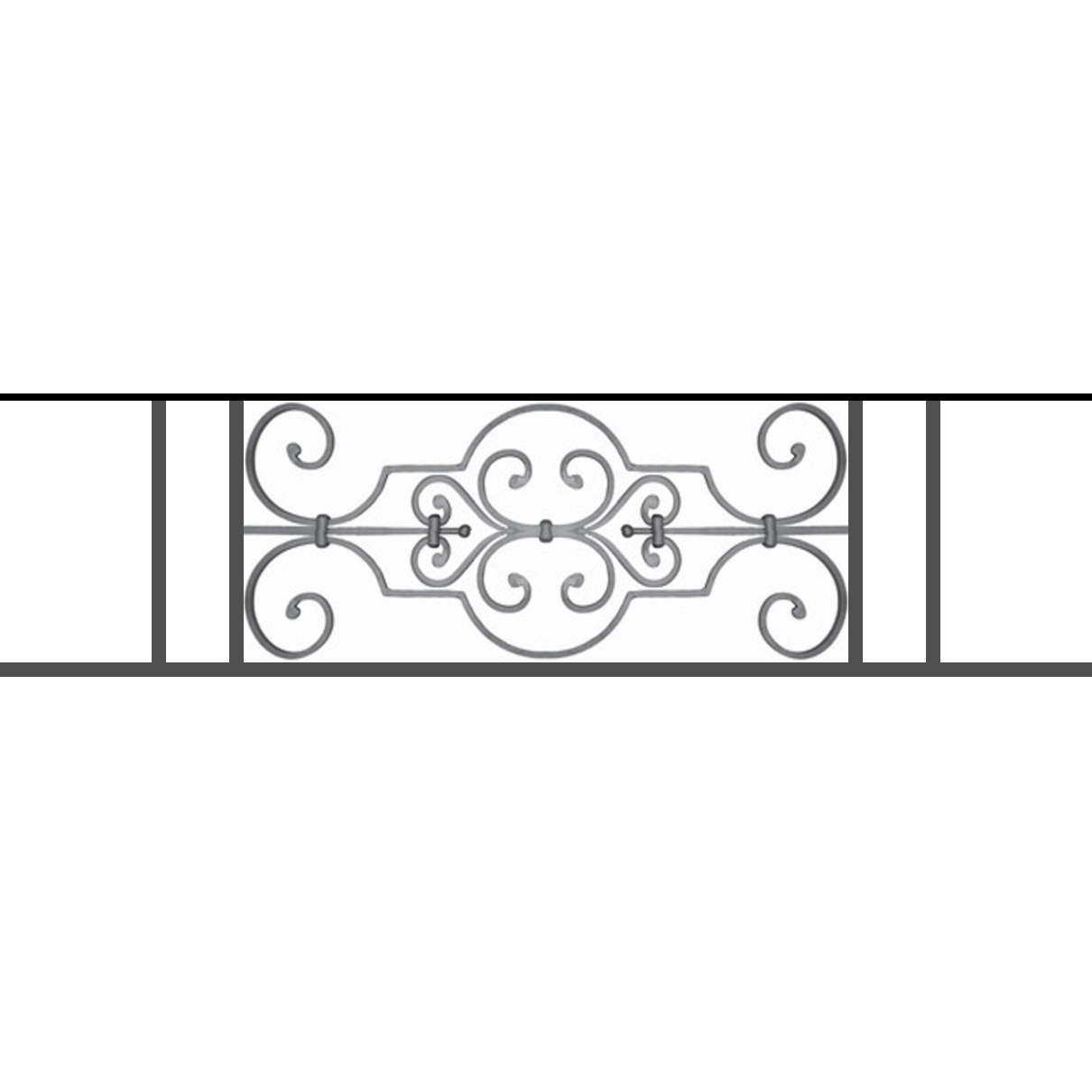 Appui de fenêtre type AF004 à sceller dans votre tableau de fenêtre. Longueur finie de 1210mm et Hauteur finie de 314mm. Convient pour les tableaux de fenêtre de 1110mm. 50mm de scellement sont prévue de chaque côté. Main courante laminée de 1110mm de long en fer forgé sur le dessus. Motif au centre de 670mm de long par 290mm de haut. Le reste de la structure est en tube acier carré de 16mm de section.