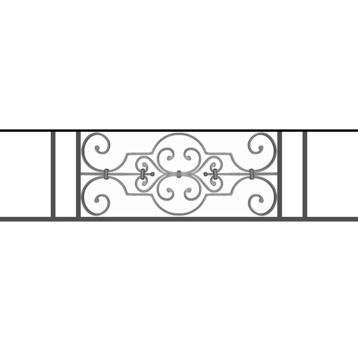 Appui de fenêtre type AF004 à sceller dans votre tableau de fenêtre. Longueur finie de 1220mm et Hauteur finie de 314mm. Convient pour les tableaux de fenêtre de 1120mm. 50mm de scellement sont prévue de chaque côté. Main courante laminée de 1120mm de long en fer forgé sur le dessus. Motif au centre de 670mm de long par 290mm de haut. Le reste de la structure est en tube acier carré de 16mm de section.