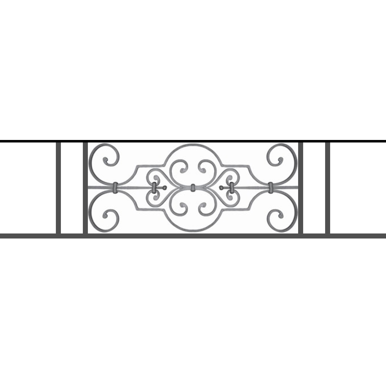 Appui de fenêtre type AF004 à sceller dans votre tableau de fenêtre. Longueur finie de 1230mm et Hauteur finie de 314mm. Convient pour les tableaux de fenêtre de 1130mm. 50mm de scellement sont prévue de chaque côté. Main courante laminée de 1130mm de long en fer forgé sur le dessus. Motif au centre de 670mm de long par 290mm de haut. Le reste de la structure est en tube acier carré de 16mm de section.