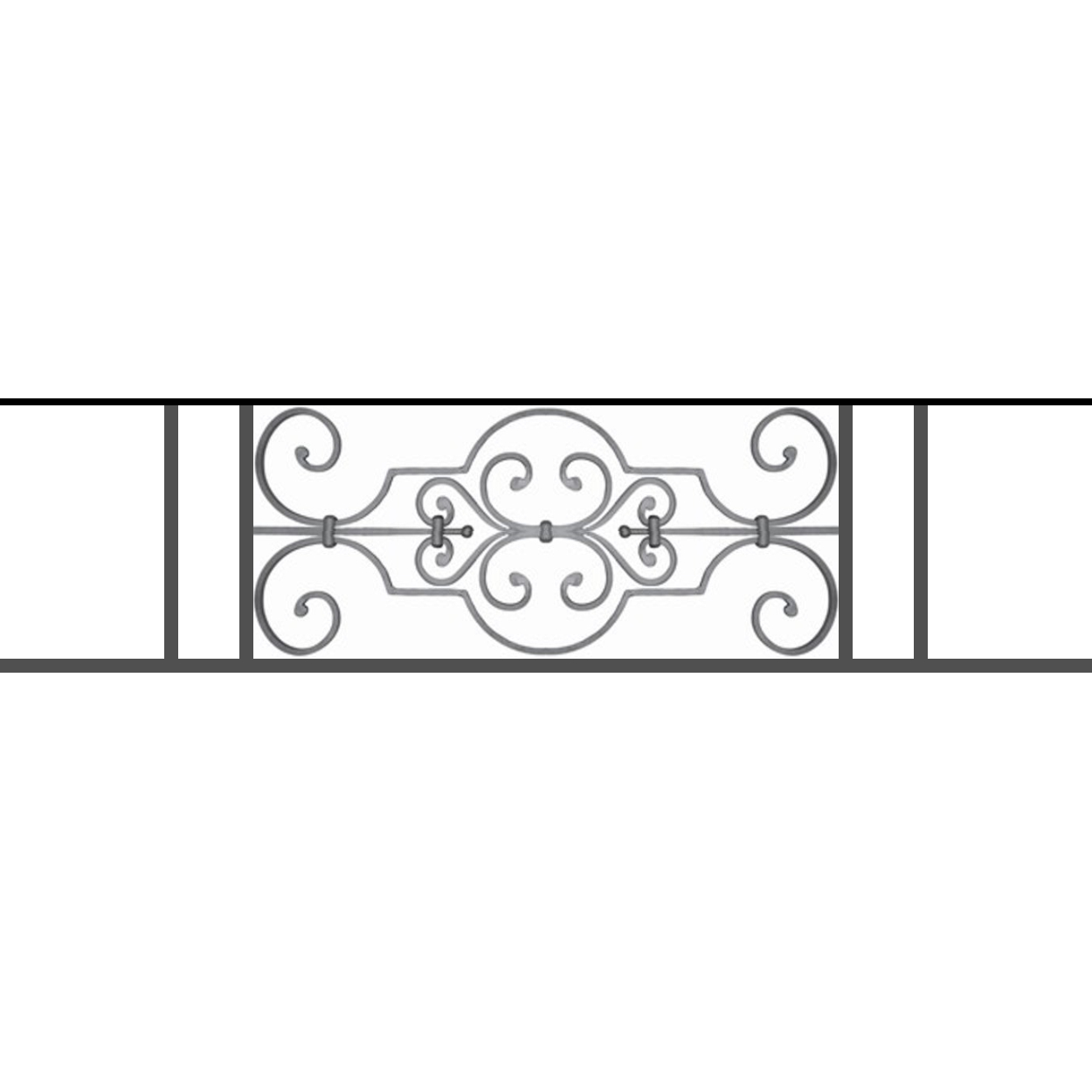 Appui de fenêtre type AF004 à sceller dans votre tableau de fenêtre. Longueur finie de 1250mm et Hauteur finie de 314mm. Convient pour les tableaux de fenêtre de 1150mm. 50mm de scellement sont prévue de chaque côté. Main courante laminée de 1150mm de long en fer forgé sur le dessus. Motif au centre de 670mm de long par 290mm de haut. Le reste de la structure est en tube acier carré de 16mm de section.