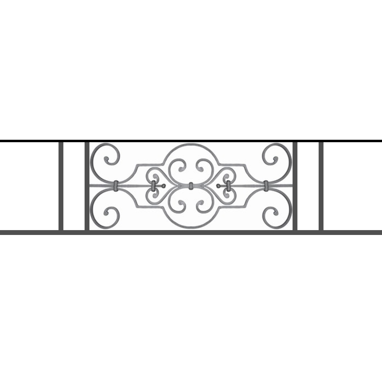 Appui de fenêtre type AF004 à sceller dans votre tableau de fenêtre. Longueur finie de 1260mm et Hauteur finie de 314mm. Convient pour les tableaux de fenêtre de 1160mm. 50mm de scellement sont prévue de chaque côté. Main courante laminée de 1160mm de long en fer forgé sur le dessus. Motif au centre de 670mm de long par 290mm de haut. Le reste de la structure est en tube acier carré de 16mm de section.