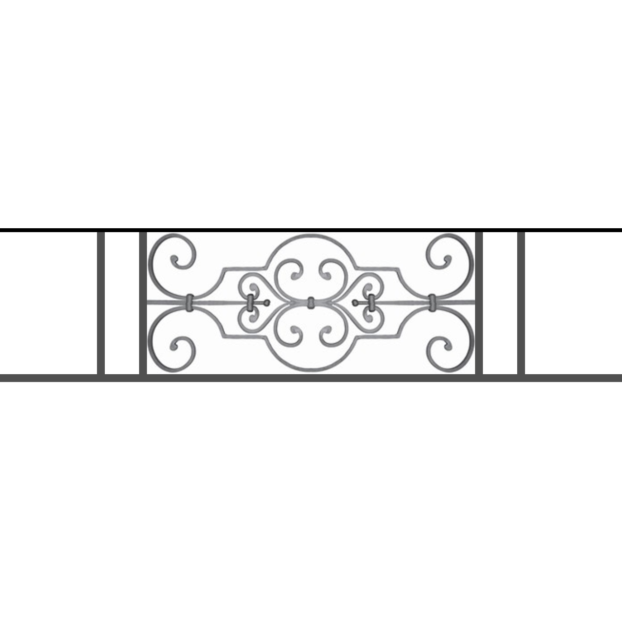Appui de fenêtre type AF004 à sceller dans votre tableau de fenêtre. Longueur finie de 1270mm et Hauteur finie de 314mm. Convient pour les tableaux de fenêtre de 1170mm. 50mm de scellement sont prévue de chaque côté. Main courante laminée de 1170mm de long en fer forgé sur le dessus. Motif au centre de 670mm de long par 290mm de haut. Le reste de la structure est en tube acier carré de 16mm de section.