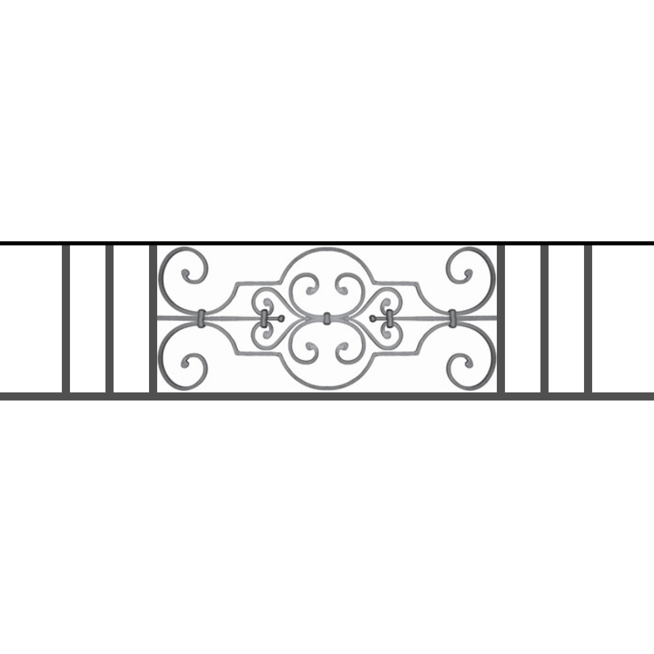 Appui de fenêtre type AF004 à sceller dans votre tableau de fenêtre. Longueur finie de 1290mm et Hauteur finie de 314mm. Convient pour les tableaux de fenêtre de 1190mm. 50mm de scellement sont prévue de chaque côté. Main courante laminée de 1190mm de long en fer forgé sur le dessus. Motif au centre de 670mm de long par 290mm de haut. Le reste de la structure est en tube acier carré de 16mm de section.
