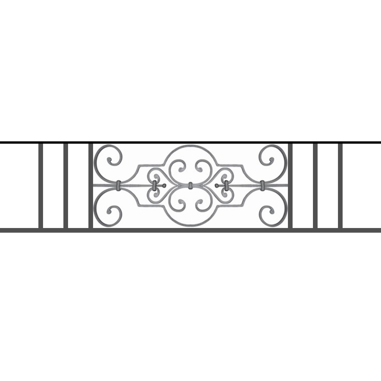 Appui de fenêtre type AF004 à sceller dans votre tableau de fenêtre. Longueur finie de 1310mm et Hauteur finie de 314mm. Convient pour les tableaux de fenêtre de 1210mm. 50mm de scellement sont prévue de chaque côté. Main courante laminée de 1210mm de long en fer forgé sur le dessus. Motif au centre de 670mm de long par 290mm de haut. Le reste de la structure est en tube acier carré de 16mm de section.