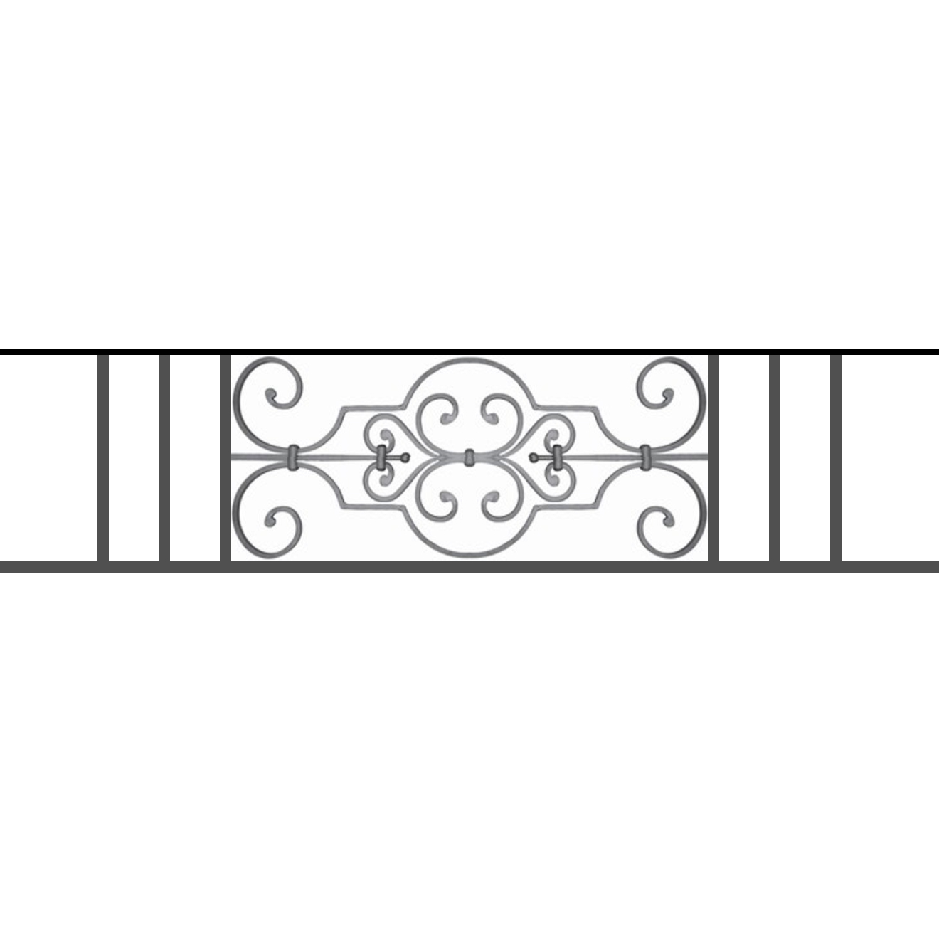 Appui de fenêtre type AF004 à sceller dans votre tableau de fenêtre. Longueur finie de 1320mm et Hauteur finie de 314mm. Convient pour les tableaux de fenêtre de 1220mm. 50mm de scellement sont prévue de chaque côté. Main courante laminée de 1220mm de long en fer forgé sur le dessus. Motif au centre de 670mm de long par 290mm de haut. Le reste de la structure est en tube acier carré de 16mm de section.