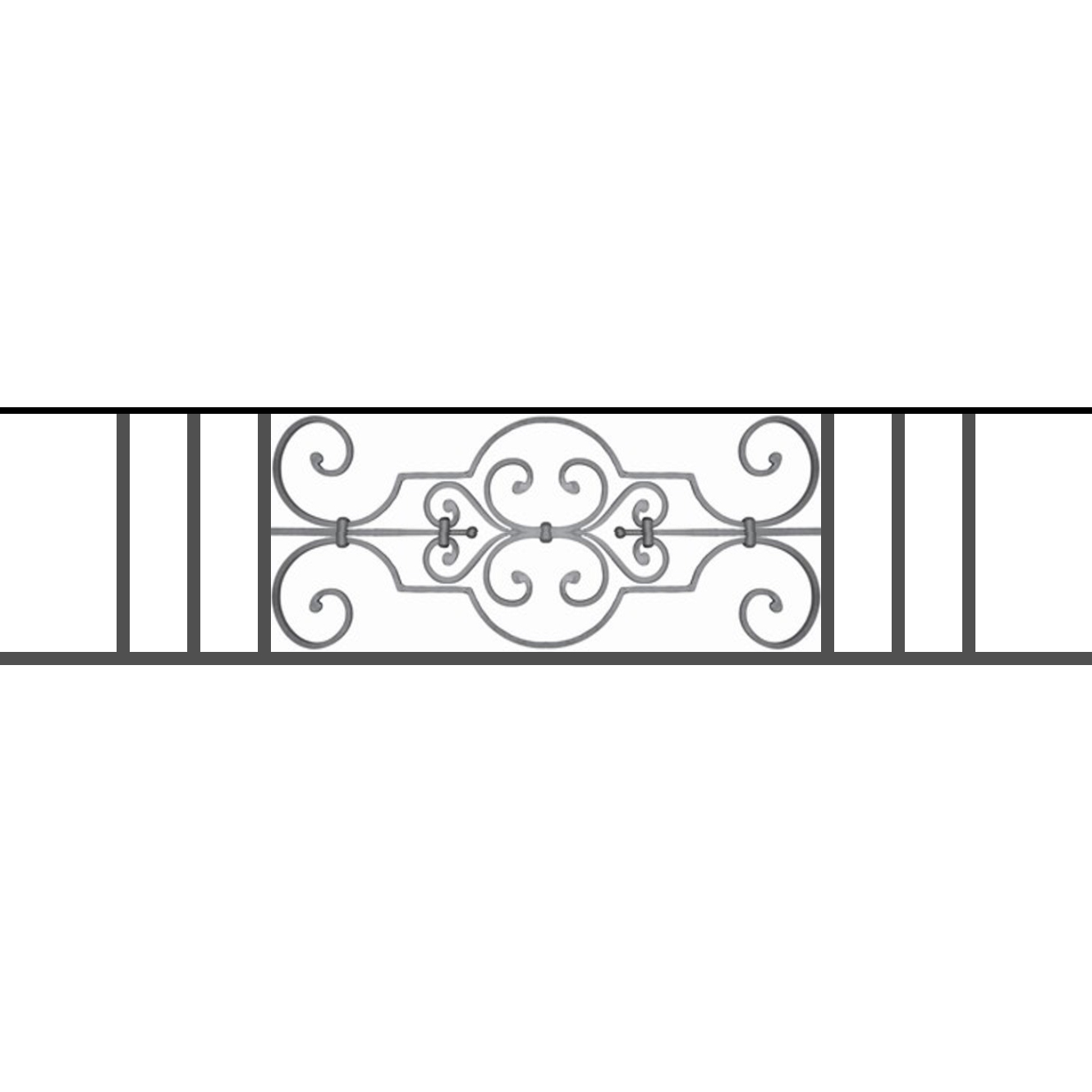 Appui de fenêtre type AF004 à sceller dans votre tableau de fenêtre. Longueur finie de 1330mm et Hauteur finie de 314mm. Convient pour les tableaux de fenêtre de 1230mm. 50mm de scellement sont prévue de chaque côté. Main courante laminée de 1230mm de long en fer forgé sur le dessus. Motif au centre de 670mm de long par 290mm de haut. Le reste de la structure est en tube acier carré de 16mm de section.