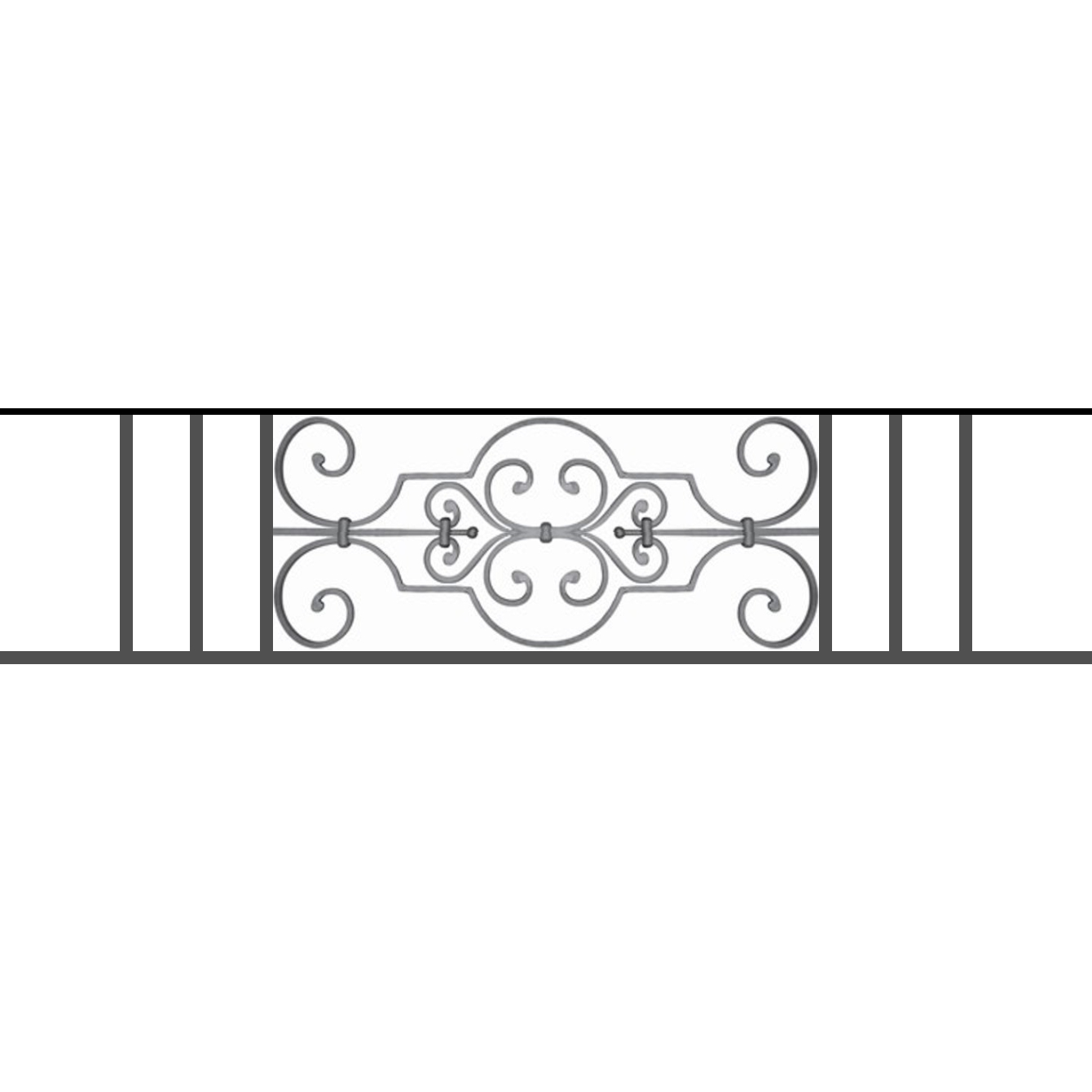 Appui de fenêtre type AF004 à sceller dans votre tableau de fenêtre. Longueur finie de 1340mm et Hauteur finie de 314mm. Convient pour les tableaux de fenêtre de 1240mm. 50mm de scellement sont prévue de chaque côté. Main courante laminée de 1240mm de long en fer forgé sur le dessus. Motif au centre de 670mm de long par 290mm de haut. Le reste de la structure est en tube acier carré de 16mm de section.