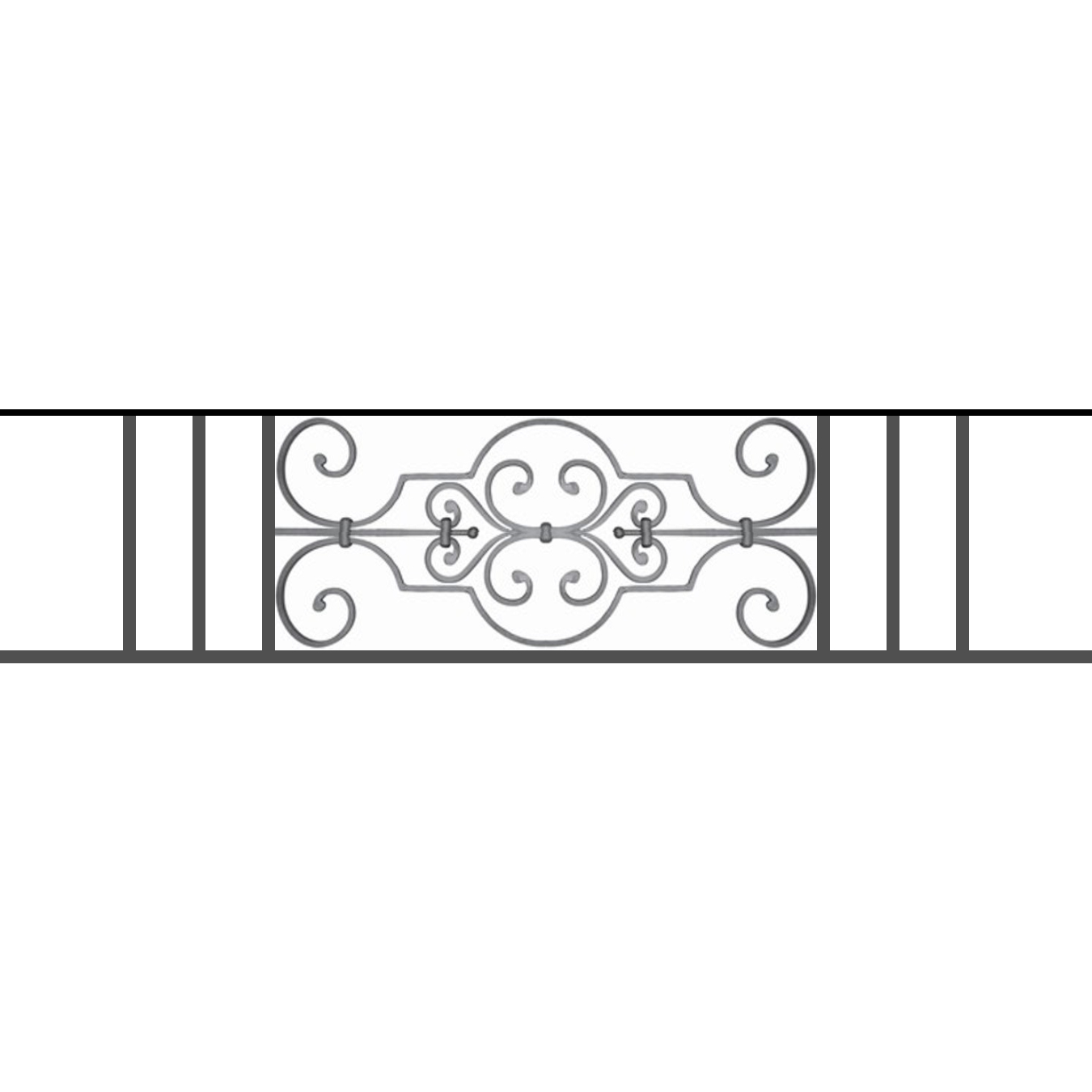 Appui de fenêtre type AF004 à sceller dans votre tableau de fenêtre. Longueur finie de 1350mm et Hauteur finie de 314mm. Convient pour les tableaux de fenêtre de 1250mm. 50mm de scellement sont prévue de chaque côté. Main courante laminée de 1250mm de long en fer forgé sur le dessus. Motif au centre de 670mm de long par 290mm de haut. Le reste de la structure est en tube acier carré de 16mm de section.