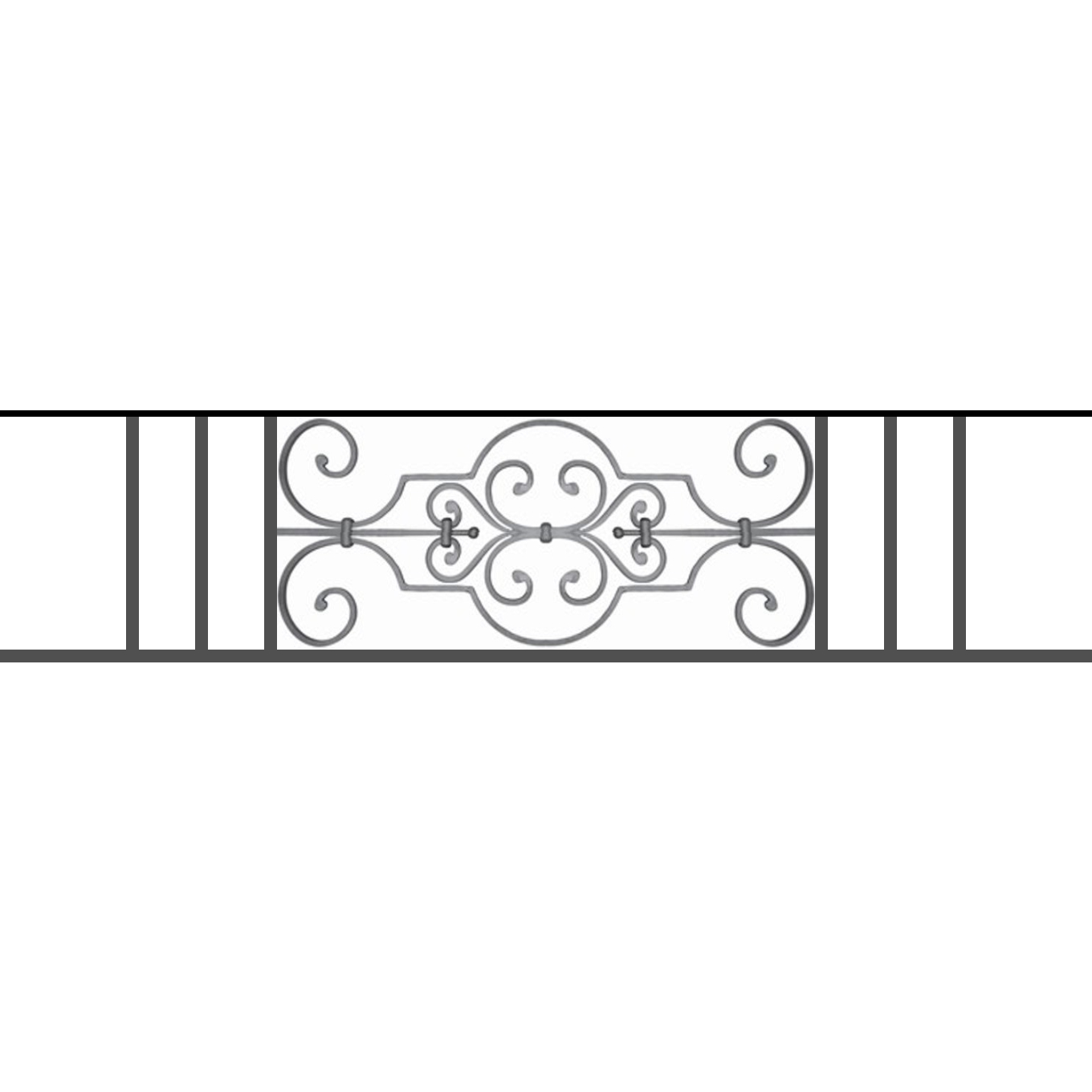 Appui de fenêtre type AF004 à sceller dans votre tableau de fenêtre. Longueur finie de 1360mm et Hauteur finie de 314mm. Convient pour les tableaux de fenêtre de 1260mm. 50mm de scellement sont prévue de chaque côté. Main courante laminée de 1260mm de long en fer forgé sur le dessus. Motif au centre de 670mm de long par 290mm de haut. Le reste de la structure est en tube acier carré de 16mm de section.