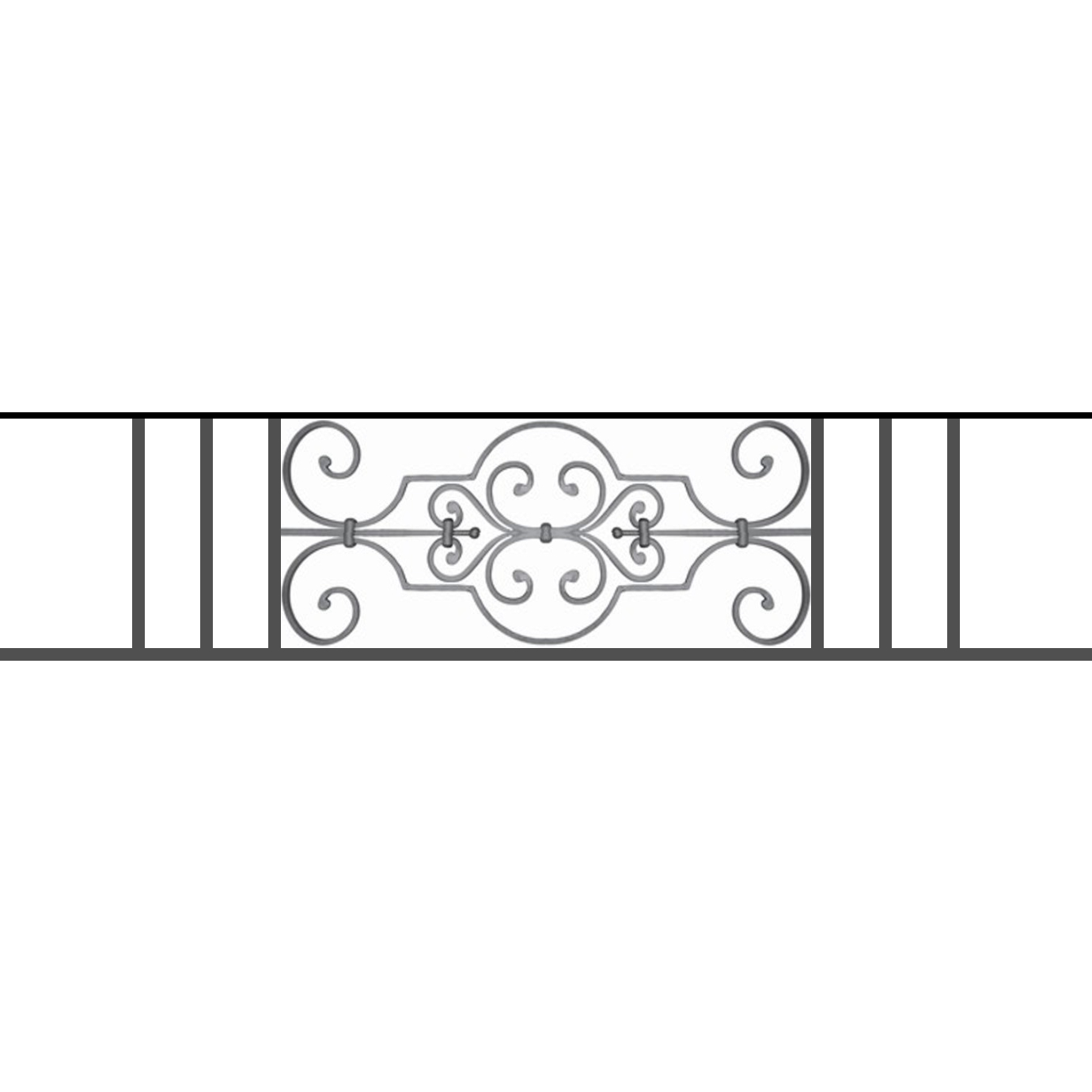 Appui de fenêtre type AF004 à sceller dans votre tableau de fenêtre. Longueur finie de 1380mm et Hauteur finie de 314mm. Convient pour les tableaux de fenêtre de 1280mm. 50mm de scellement sont prévue de chaque côté. Main courante laminée de 1280mm de long en fer forgé sur le dessus. Motif au centre de 670mm de long par 290mm de haut. Le reste de la structure est en tube acier carré de 16mm de section.