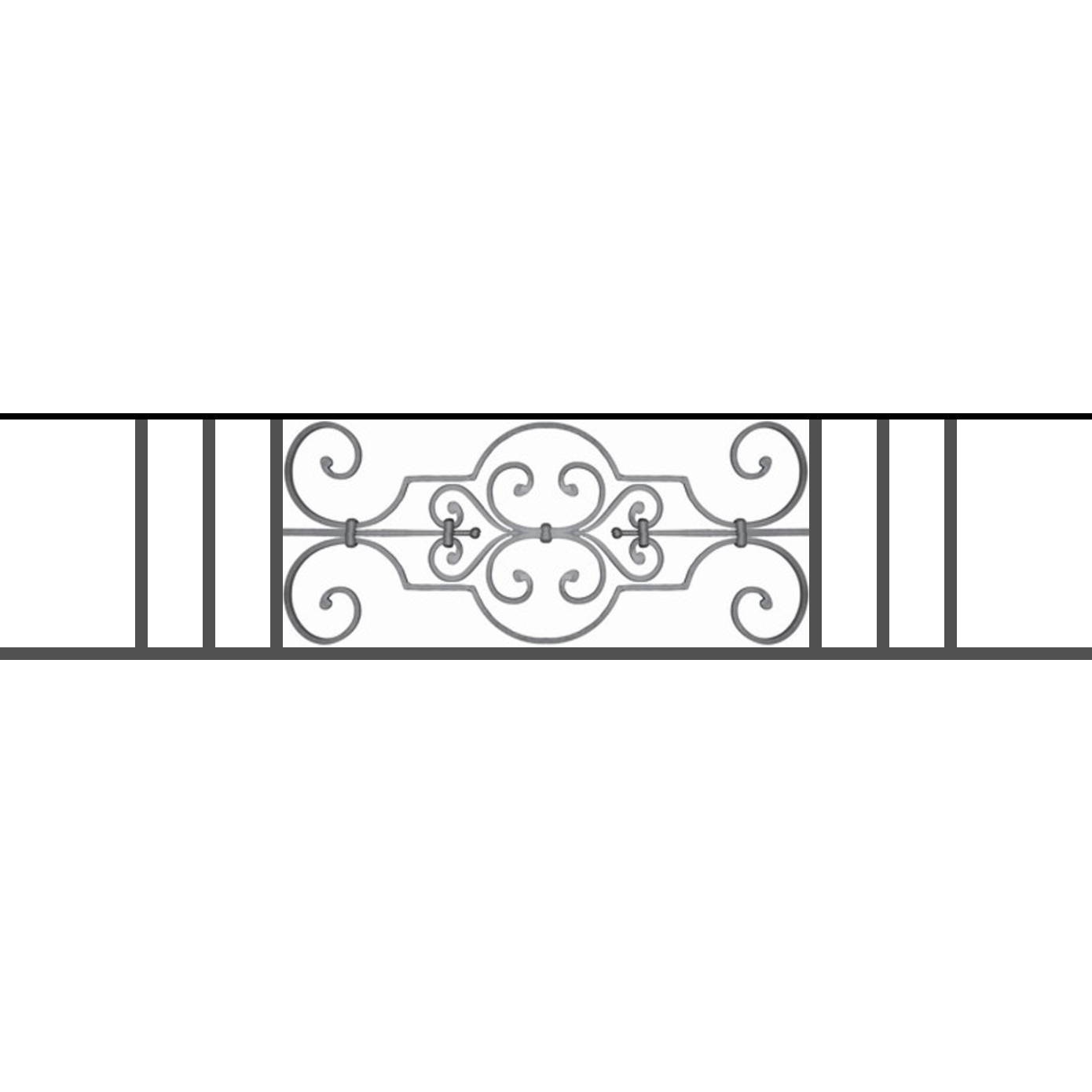 Appui de fenêtre type AF004 à sceller dans votre tableau de fenêtre. Longueur finie de 1390mm et Hauteur finie de 314mm. Convient pour les tableaux de fenêtre de 1290mm. 50mm de scellement sont prévue de chaque côté. Main courante laminée de 1290mm de long en fer forgé sur le dessus. Motif au centre de 670mm de long par 290mm de haut. Le reste de la structure est en tube acier carré de 16mm de section.