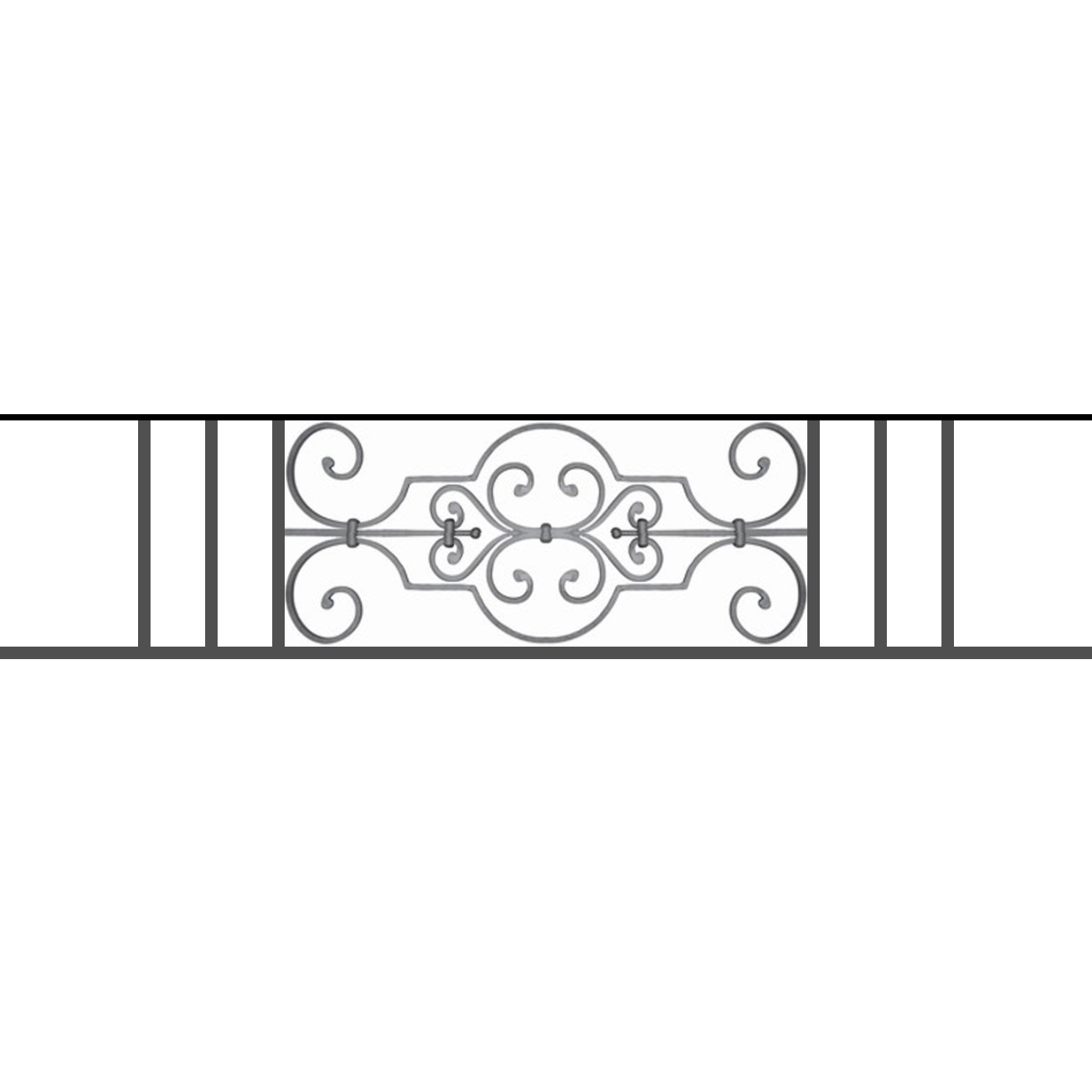 Appui de fenêtre type AF004 à sceller dans votre tableau de fenêtre. Longueur finie de 1400mm et Hauteur finie de 314mm. Convient pour les tableaux de fenêtre de 1300mm. 50mm de scellement sont prévue de chaque côté. Main courante laminée de 1300mm de long en fer forgé sur le dessus. Motif au centre de 670mm de long par 290mm de haut. Le reste de la structure est en tube acier carré de 16mm de section.