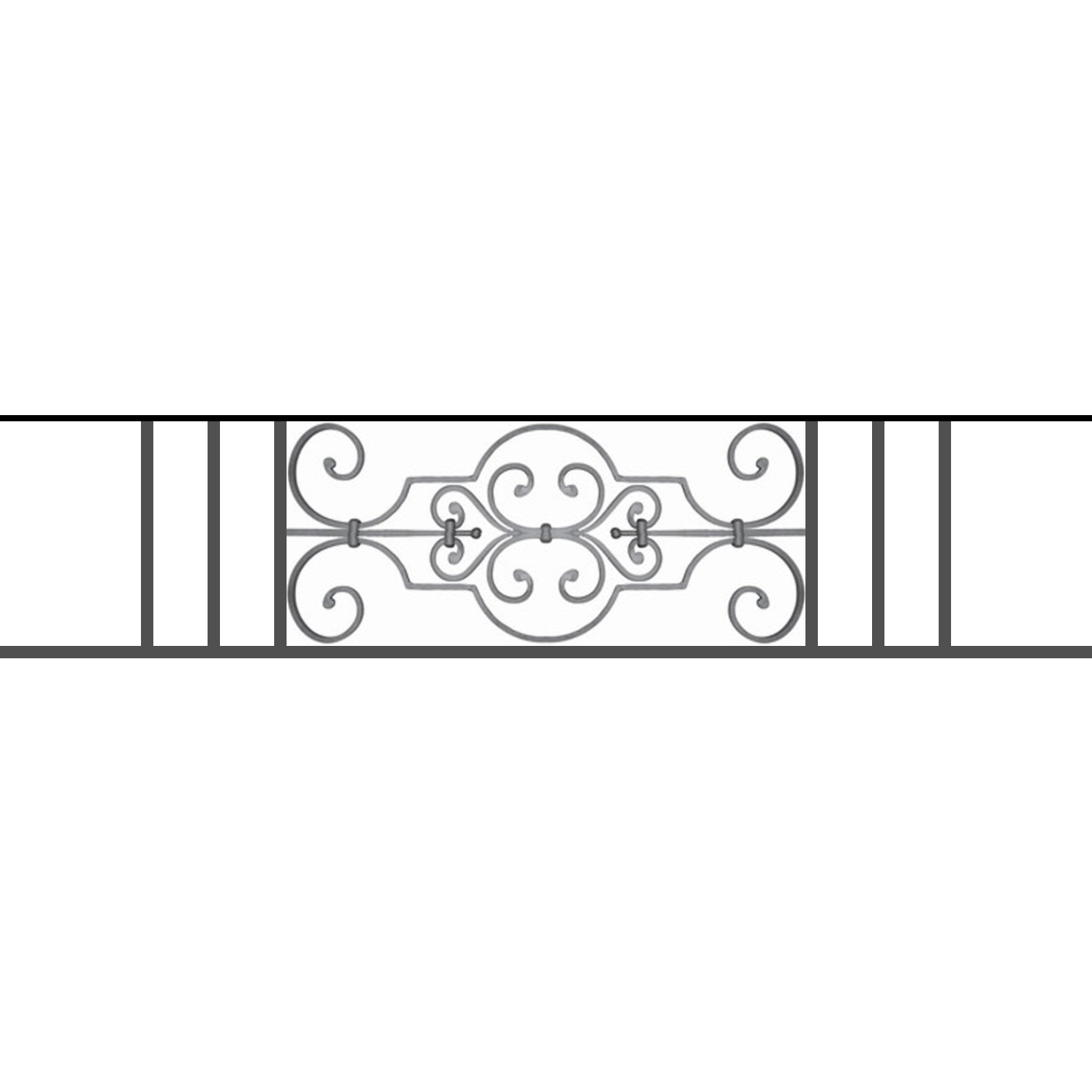 Appui de fenêtre type AF004 à sceller dans votre tableau de fenêtre. Longueur finie de 1410mm et Hauteur finie de 314mm. Convient pour les tableaux de fenêtre de 1310mm. 50mm de scellement sont prévue de chaque côté. Main courante laminée de 1310mm de long en fer forgé sur le dessus. Motif au centre de 670mm de long par 290mm de haut. Le reste de la structure est en tube acier carré de 16mm de section.