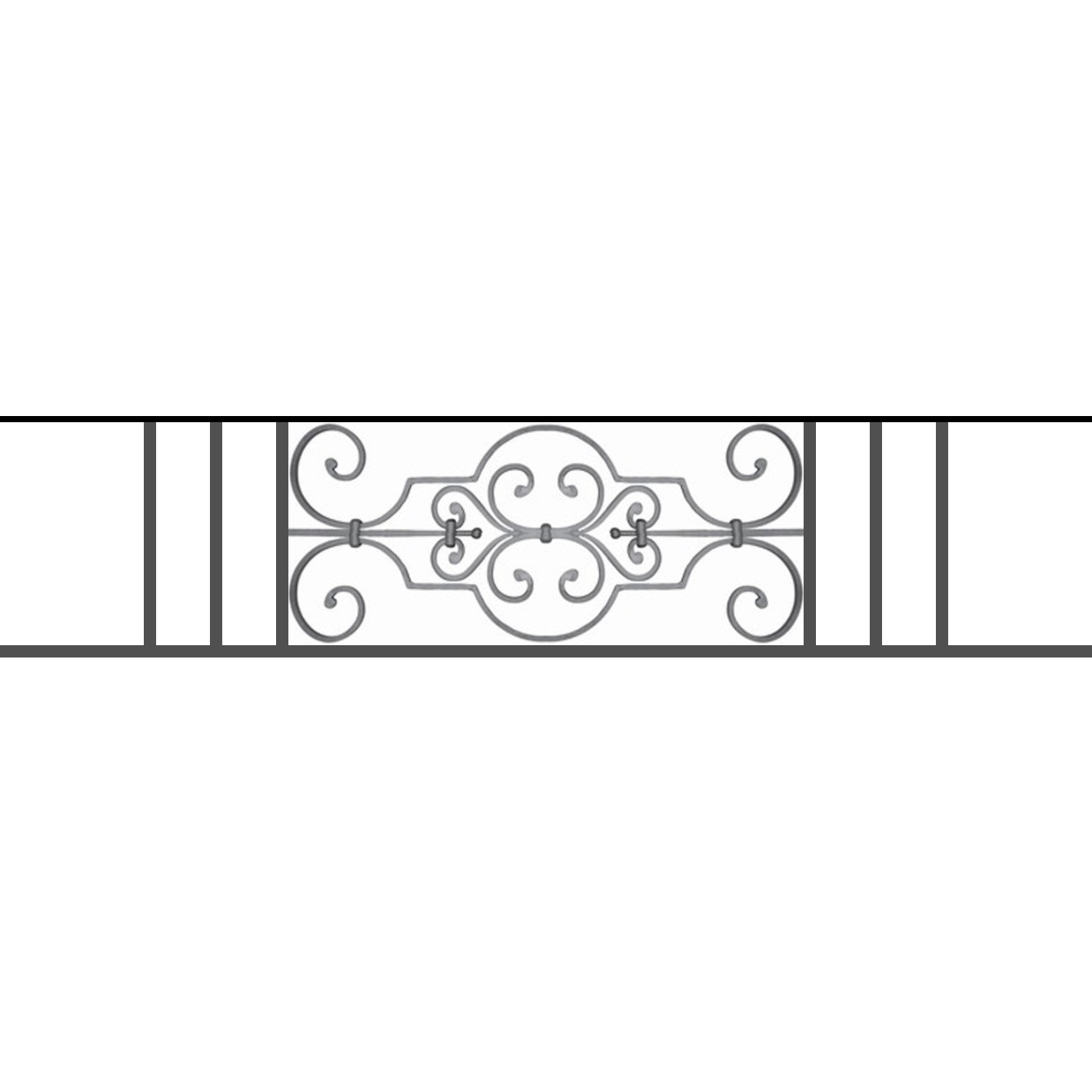Appui de fenêtre type AF004 à sceller dans votre tableau de fenêtre. Longueur finie de 1420mm et Hauteur finie de 314mm. Convient pour les tableaux de fenêtre de 1320mm. 50mm de scellement sont prévue de chaque côté. Main courante laminée de 1320mm de long en fer forgé sur le dessus. Motif au centre de 670mm de long par 290mm de haut. Le reste de la structure est en tube acier carré de 16mm de section.