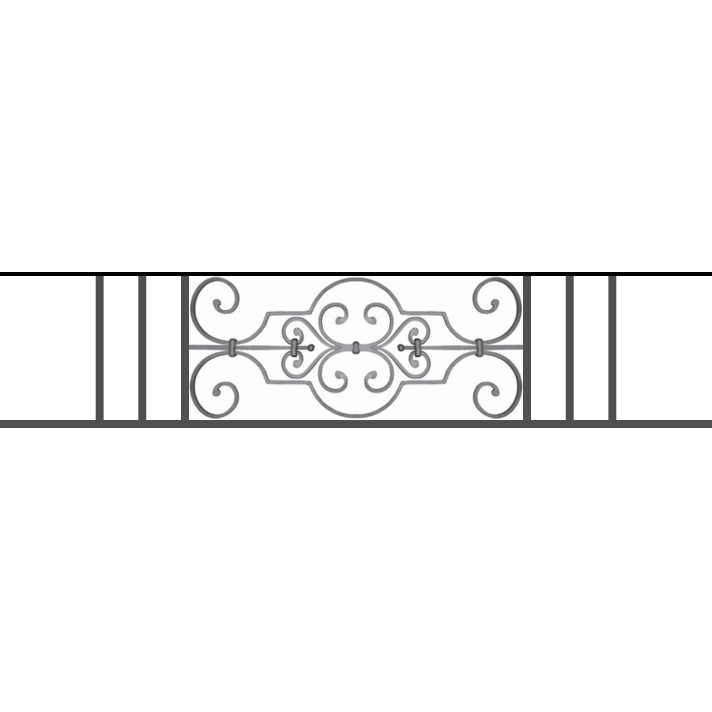 Appui de fenêtre type AF004 à sceller dans votre tableau de fenêtre. Longueur finie de 1430mm et Hauteur finie de 314mm. Convient pour les tableaux de fenêtre de 1330mm. 50mm de scellement sont prévue de chaque côté. Main courante laminée de 1330mm de long en fer forgé sur le dessus. Motif au centre de 670mm de long par 290mm de haut. Le reste de la structure est en tube acier carré de 16mm de section.