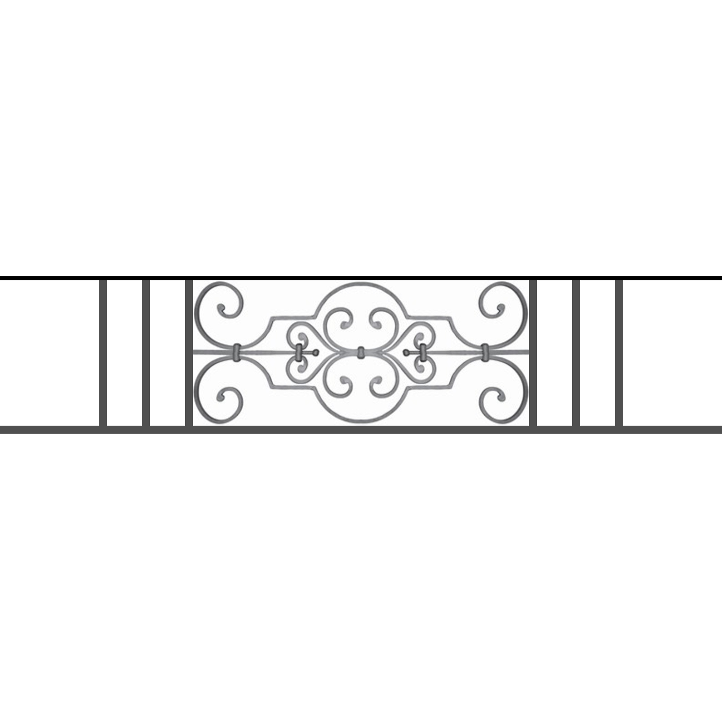 Appui de fenêtre type AF004 à sceller dans votre tableau de fenêtre. Longueur finie de 1440mm et Hauteur finie de 314mm. Convient pour les tableaux de fenêtre de 1340mm. 50mm de scellement sont prévue de chaque côté. Main courante laminée de 1340mm de long en fer forgé sur le dessus. Motif au centre de 670mm de long par 290mm de haut. Le reste de la structure est en tube acier carré de 16mm de section.