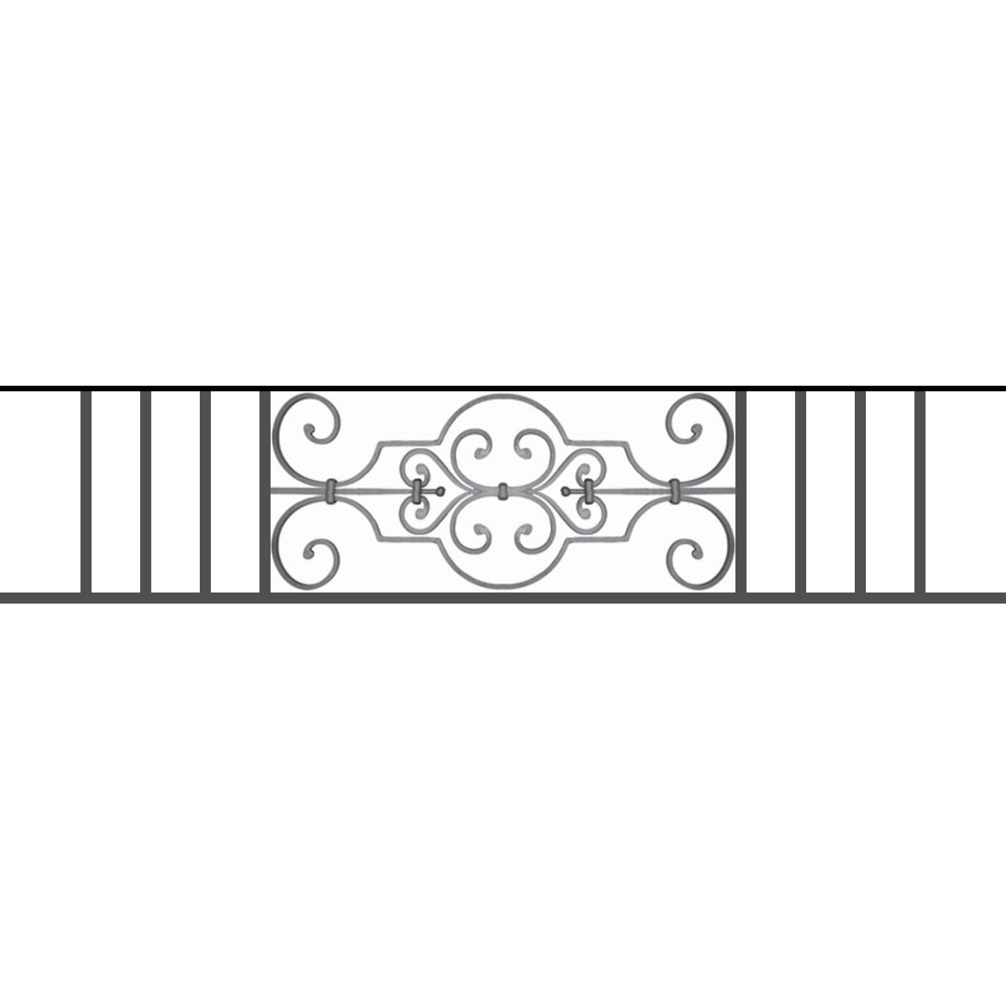 Appui de fenêtre type AF004 à sceller dans votre tableau de fenêtre. Longueur finie de 1450mm et Hauteur finie de 314mm. Convient pour les tableaux de fenêtre de 1350mm. 50mm de scellement sont prévue de chaque côté. Main courante laminée de 1350mm de long en fer forgé sur le dessus. Motif au centre de 670mm de long par 290mm de haut. Le reste de la structure est en tube acier carré de 16mm de section.