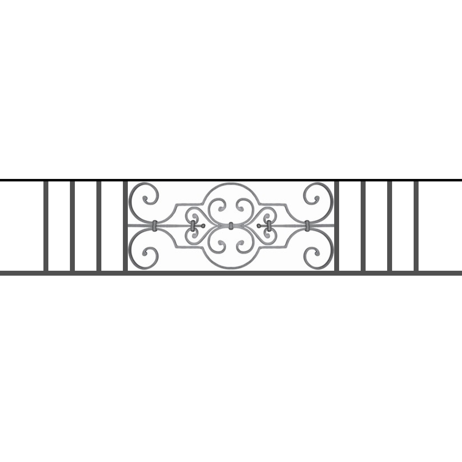 Appui de fenêtre type AF004 à sceller dans votre tableau de fenêtre. Longueur finie de 1500mm et Hauteur finie de 314mm. Convient pour les tableaux de fenêtre de 1400mm. 50mm de scellement sont prévue de chaque côté. Main courante laminée de 1400mm de long en fer forgé sur le dessus. Motif au centre de 670mm de long par 290mm de haut. Le reste de la structure est en tube acier carré de 16mm de section.