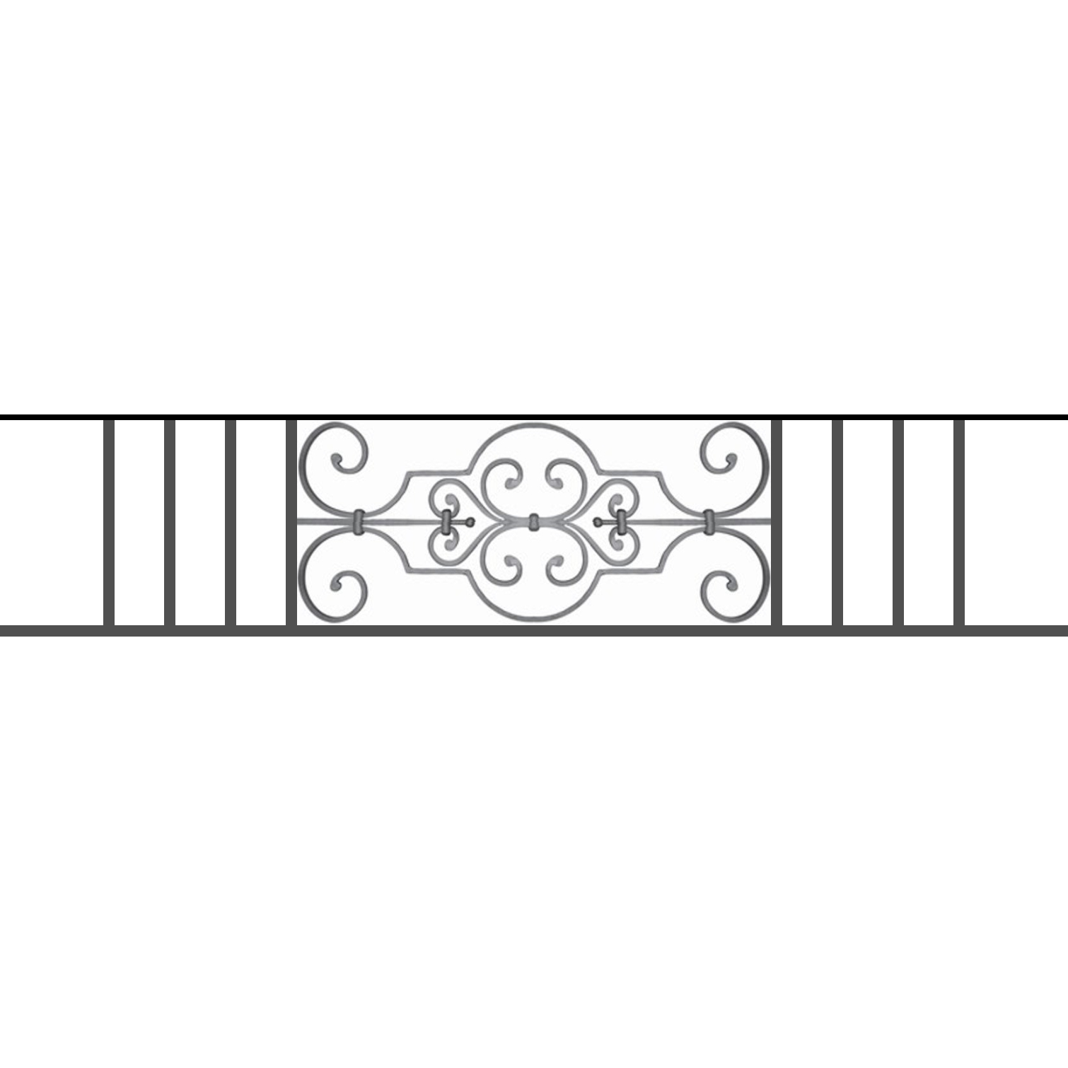 Appui de fenêtre type AF004 à sceller dans votre tableau de fenêtre. Longueur finie de 1510mm et Hauteur finie de 314mm. Convient pour les tableaux de fenêtre de 1410mm. 50mm de scellement sont prévue de chaque côté. Main courante laminée de 1410mm de long en fer forgé sur le dessus. Motif au centre de 670mm de long par 290mm de haut. Le reste de la structure est en tube acier carré de 16mm de section.