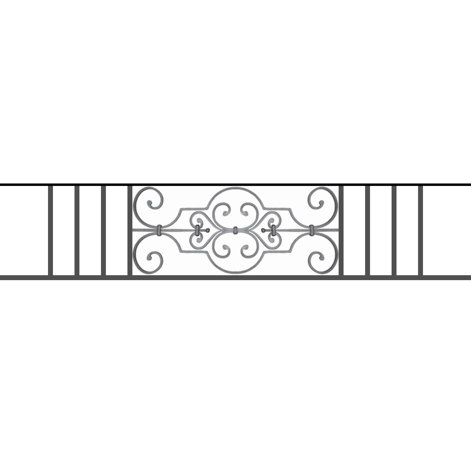 Appui de fenêtre type AF004 à sceller dans votre tableau de fenêtre. Longueur finie de 1530mm et Hauteur finie de 314mm. Convient pour les tableaux de fenêtre de 1430mm. 50mm de scellement sont prévue de chaque côté. Main courante laminée de 1430mm de long en fer forgé sur le dessus. Motif au centre de 670mm de long par 290mm de haut. Le reste de la structure est en tube acier carré de 16mm de section.