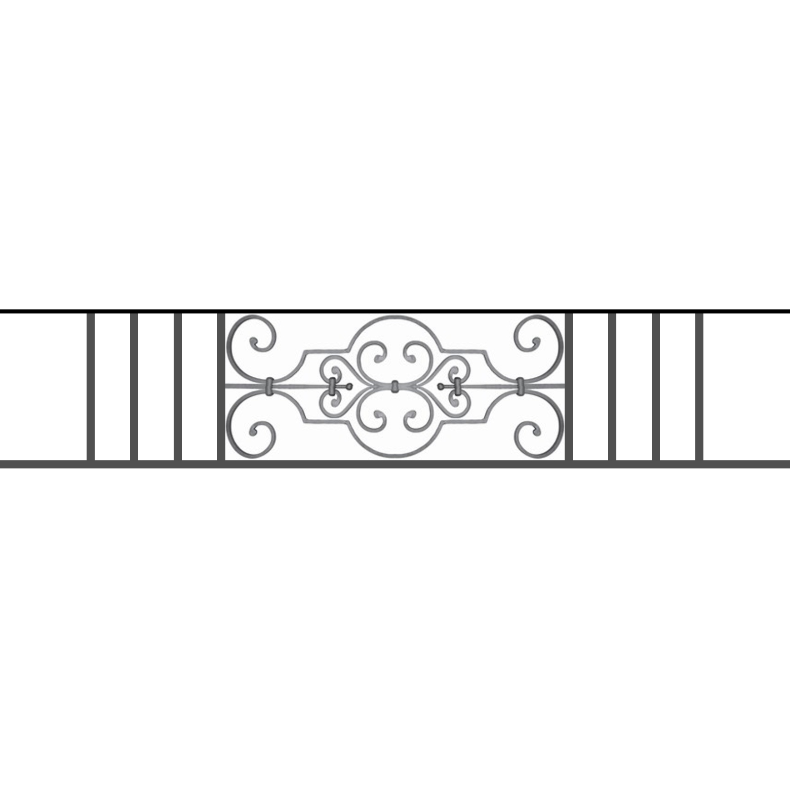Appui de fenêtre type AF004 à sceller dans votre tableau de fenêtre. Longueur finie de 1560mm et Hauteur finie de 314mm. Convient pour les tableaux de fenêtre de 1460mm. 50mm de scellement sont prévue de chaque côté. Main courante laminée de 1460mm de long en fer forgé sur le dessus. Motif au centre de 670mm de long par 290mm de haut. Le reste de la structure est en tube acier carré de 16mm de section.
