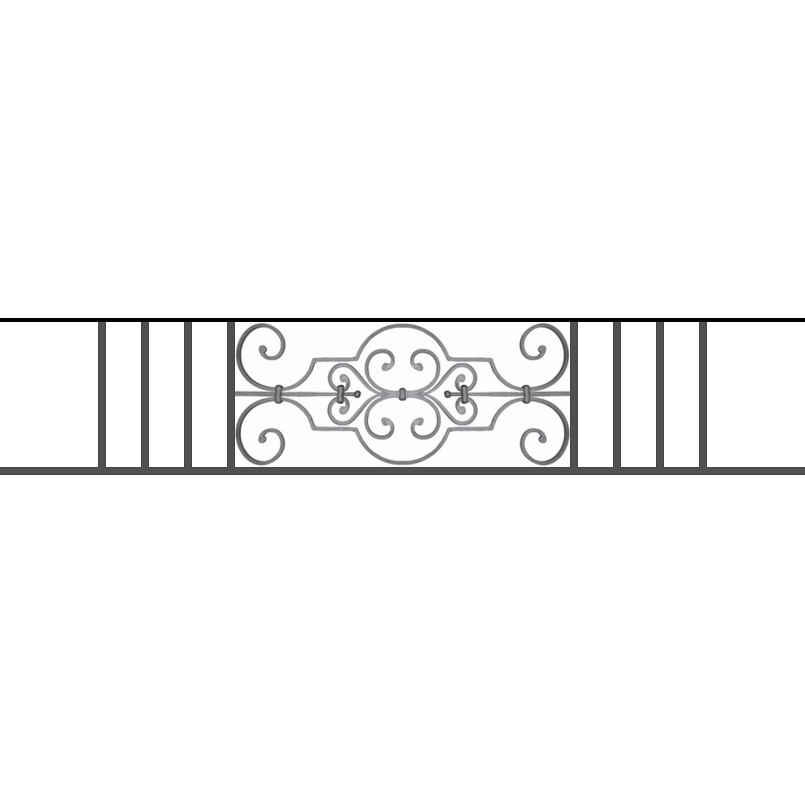 Appui de fenêtre type AF004 à sceller dans votre tableau de fenêtre. Longueur finie de 1610mm et Hauteur finie de 314mm. Convient pour les tableaux de fenêtre de 1510mm. 50mm de scellement sont prévue de chaque côté. Main courante laminée de 1510mm de long en fer forgé sur le dessus. Motif au centre de 670mm de long par 290mm de haut. Le reste de la structure est en tube acier carré de 16mm de section.