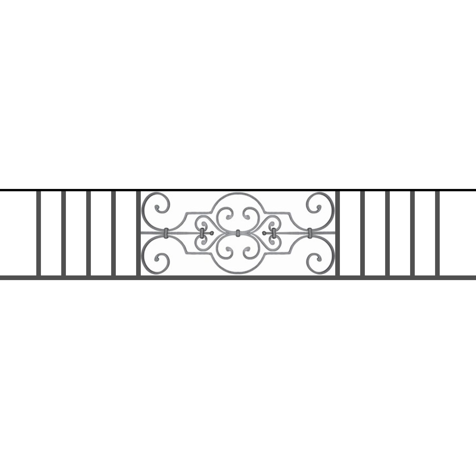 Appui de fenêtre type AF004 à sceller dans votre tableau de fenêtre. Longueur finie de 1640mm et Hauteur finie de 314mm. Convient pour les tableaux de fenêtre de 1540mm. 50mm de scellement sont prévue de chaque côté. Main courante laminée de 1540mm de long en fer forgé sur le dessus. Motif au centre de 670mm de long par 290mm de haut. Le reste de la structure est en tube acier carré de 16mm de section.