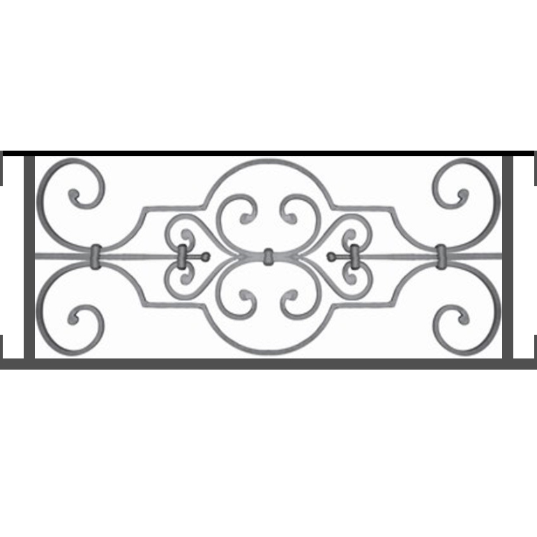 Appui de fenêtre type AF004 à visser dans votre tableau de fenêtre. Longueur finie de 770mm et Hauteur finie de 314mm. Convient pour les tableaux de fenêtre de 770mm. Main courante laminée de 770mm de long en fer forgé sur le dessus. Motif au centre de 670mm de long par 290mm de haut. Le reste de la structure est en tube acier carré de 16mm de section.