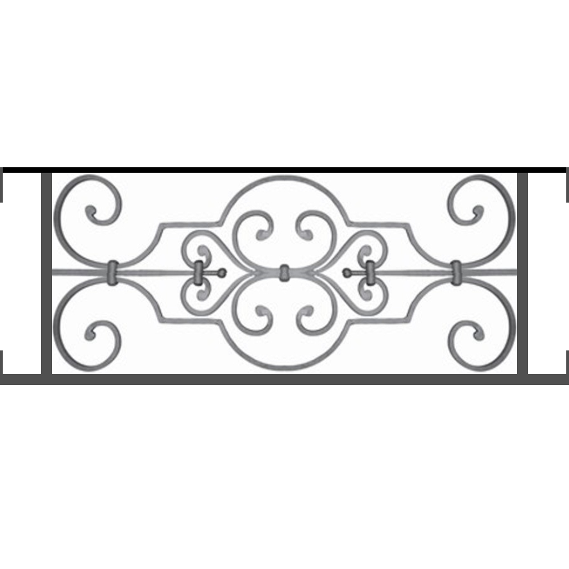 Appui de fenêtre type AF004 à visser dans votre tableau de fenêtre. Longueur finie de 820mm et Hauteur finie de 314mm. Convient pour les tableaux de fenêtre de 820mm. Main courante laminée de 820mm de long en fer forgé sur le dessus. Motif au centre de 670mm de long par 290mm de haut. Le reste de la structure est en tube acier carré de 16mm de section.