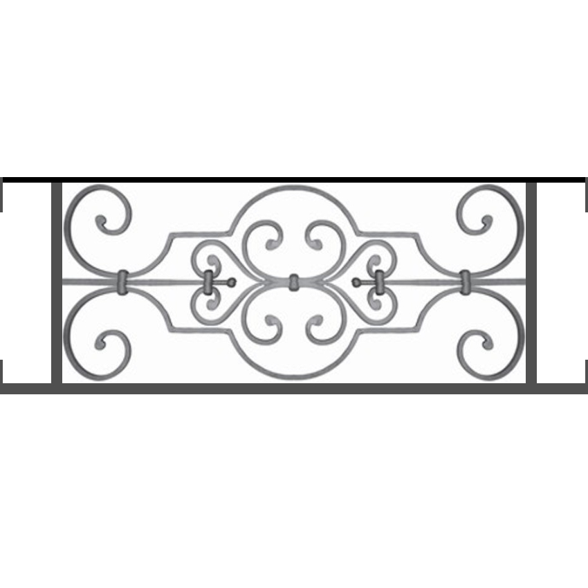 Appui de fenêtre type AF004 à visser dans votre tableau de fenêtre. Longueur finie de 850mm et Hauteur finie de 314mm. Convient pour les tableaux de fenêtre de 850mm. Main courante laminée de 850mm de long en fer forgé sur le dessus. Motif au centre de 670mm de long par 290mm de haut. Le reste de la structure est en tube acier carré de 16mm de section.