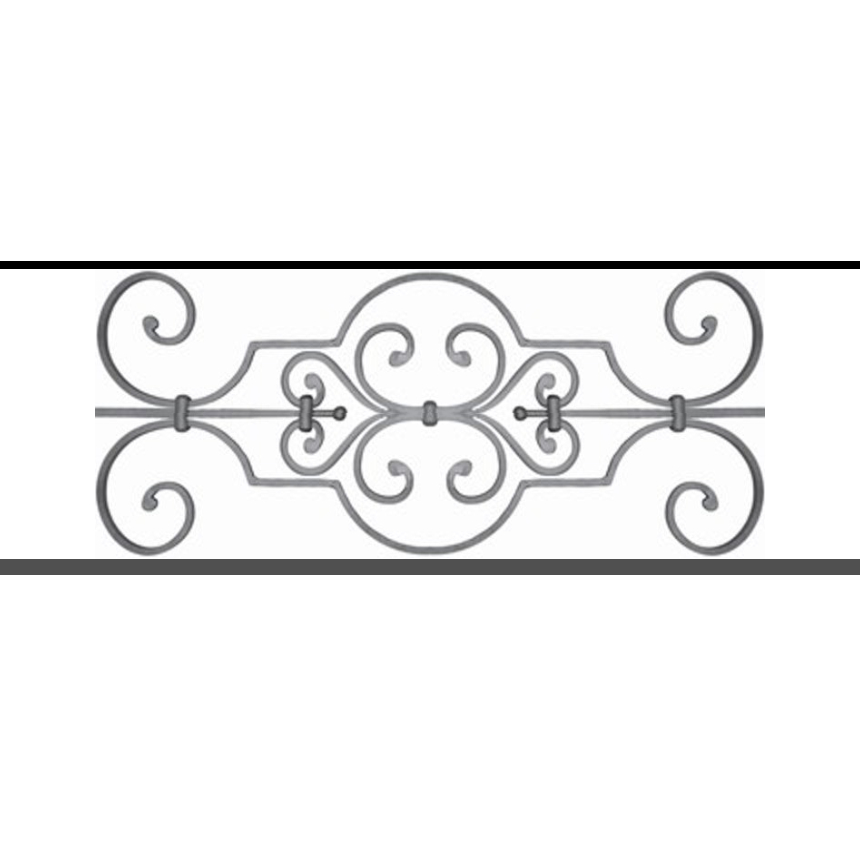 Appui de fenêtre type AF004 à sceller dans votre tableau de fenêtre. Longueur finie de 860mm et Hauteur finie de 314mm. Convient pour les tableaux de fenêtre de 760mm. 50mm de scellement sont prévue de chaque côté. Main courante laminée de 760mm de long en fer forgé sur le dessus. Motif au centre de 670mm de long par 290mm de haut. Le reste de la structure est en tube acier carré de 16mm de section.