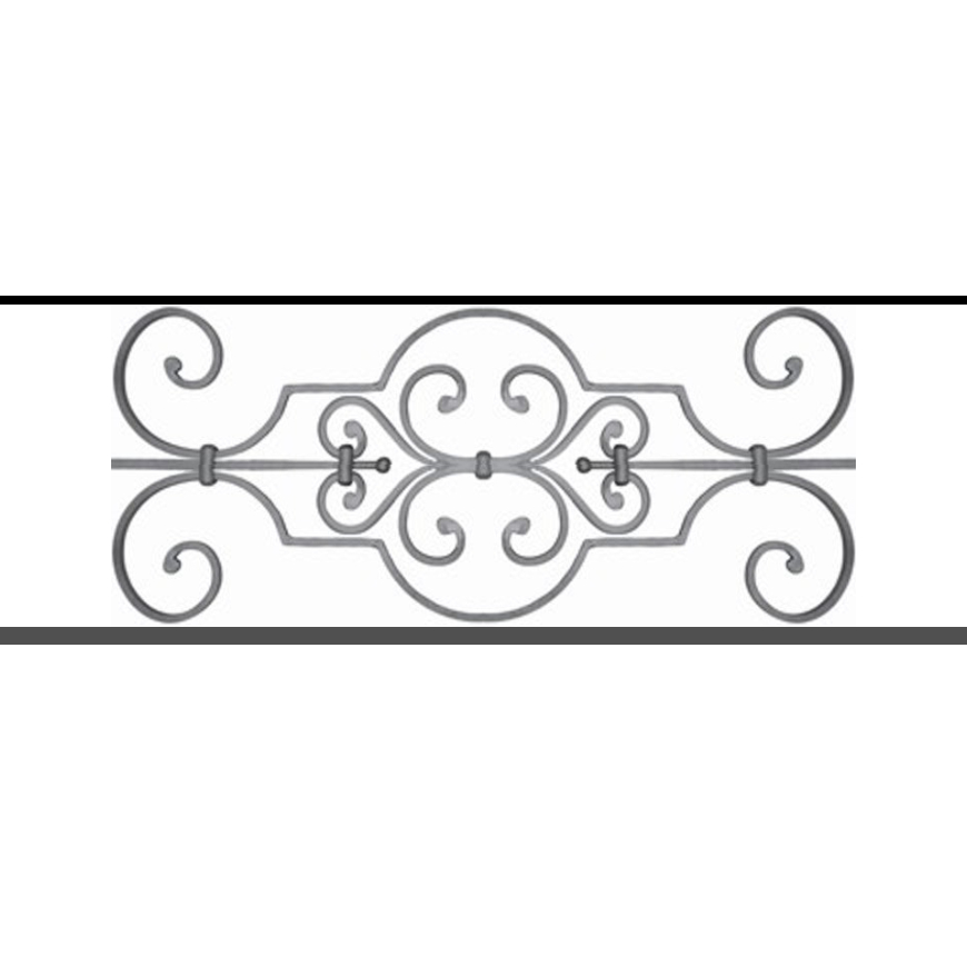 Appui de fenêtre type AF004 à sceller dans votre tableau de fenêtre. Longueur finie de 870mm et Hauteur finie de 314mm. Convient pour les tableaux de fenêtre de 770mm. 50mm de scellement sont prévue de chaque côté. Main courante laminée de 770mm de long en fer forgé sur le dessus. Motif au centre de 670mm de long par 290mm de haut. Le reste de la structure est en tube acier carré de 16mm de section.