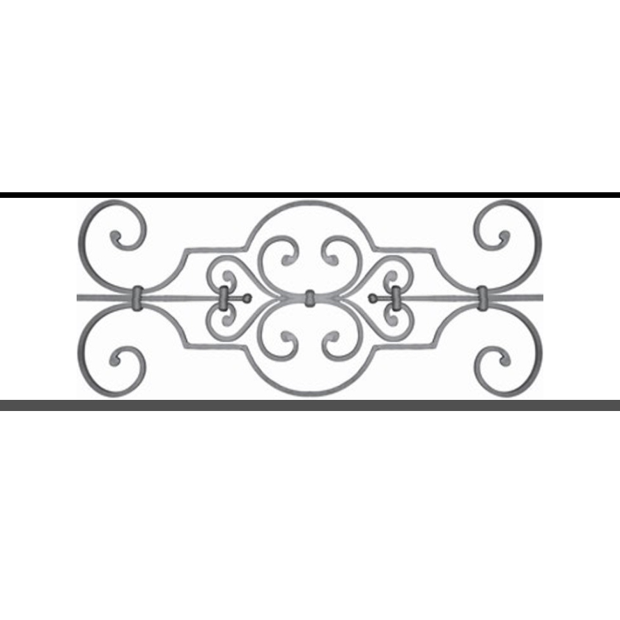 Appui de fenêtre type AF004 à sceller dans votre tableau de fenêtre. Longueur finie de 890mm et Hauteur finie de 314mm. Convient pour les tableaux de fenêtre de 790mm. 50mm de scellement sont prévue de chaque côté. Main courante laminée de 790mm de long en fer forgé sur le dessus. Motif au centre de 670mm de long par 290mm de haut. Le reste de la structure est en tube acier carré de 16mm de section.