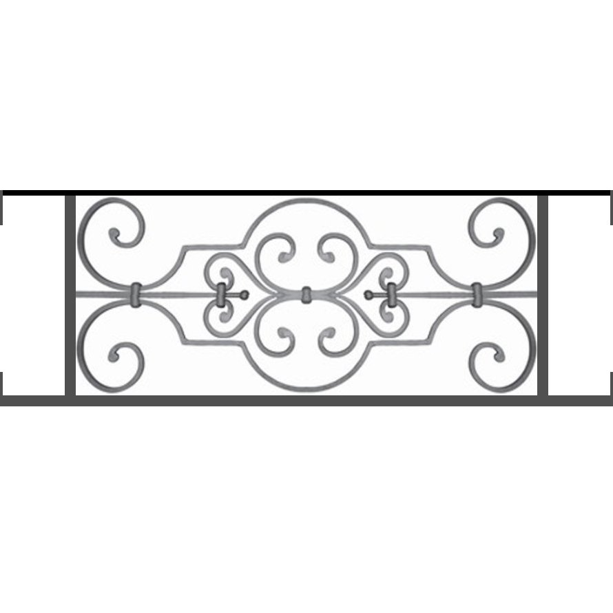 Appui de fenêtre type AF004 à visser dans votre tableau de fenêtre. Longueur finie de 890mm et Hauteur finie de 314mm. Convient pour les tableaux de fenêtre de 890mm. Main courante laminée de 890mm de long en fer forgé sur le dessus. Motif au centre de 670mm de long par 290mm de haut. Le reste de la structure est en tube acier carré de 16mm de section.