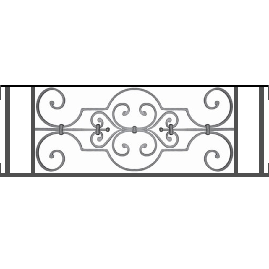 Appui de fenêtre type AF004 à visser dans votre tableau de fenêtre. Longueur finie de 910mm et Hauteur finie de 314mm. Convient pour les tableaux de fenêtre de 910mm. Main courante laminée de 910mm de long en fer forgé sur le dessus. Motif au centre de 670mm de long par 290mm de haut. Le reste de la structure est en tube acier carré de 16mm de section.