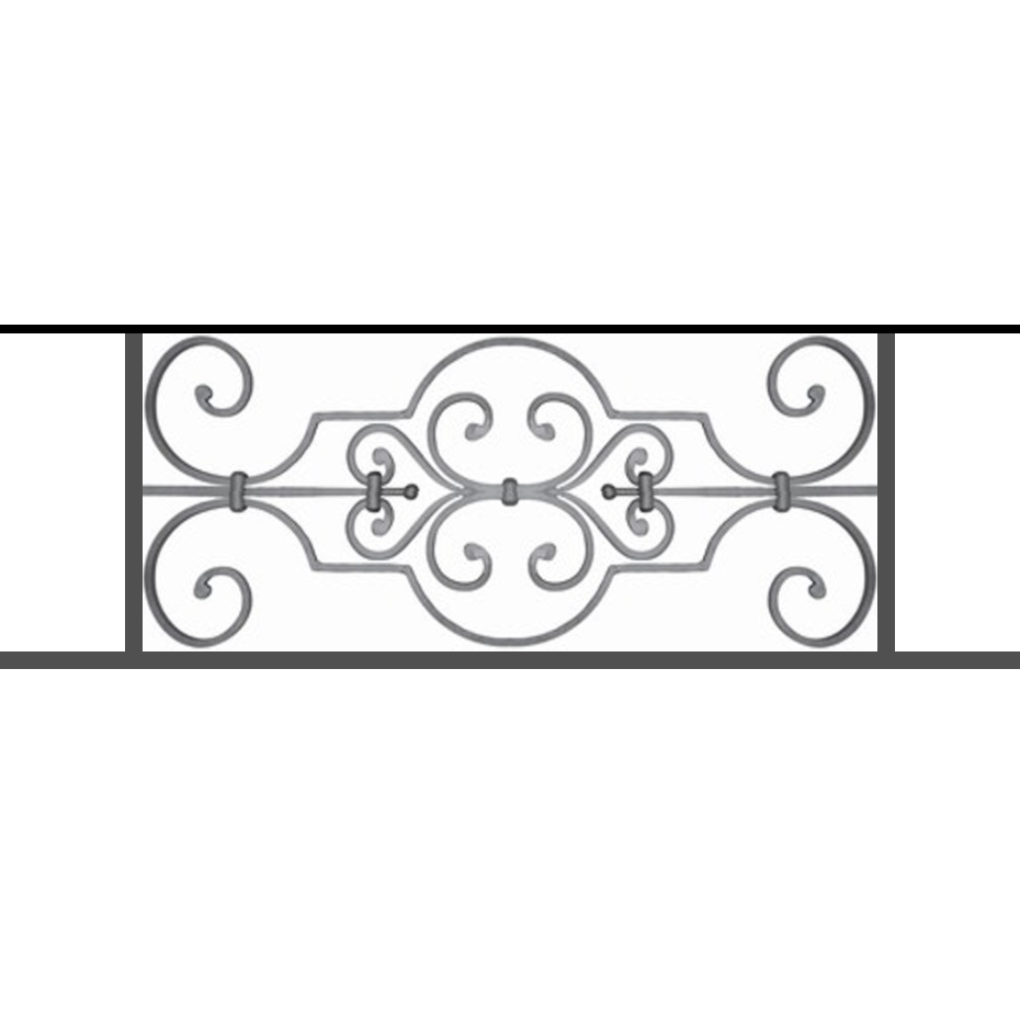 Appui de fenêtre type AF004 à sceller dans votre tableau de fenêtre. Longueur finie de 930mm et Hauteur finie de 314mm. Convient pour les tableaux de fenêtre de 830mm. 50mm de scellement sont prévue de chaque côté. Main courante laminée de 830mm de long en fer forgé sur le dessus. Motif au centre de 670mm de long par 290mm de haut. Le reste de la structure est en tube acier carré de 16mm de section.