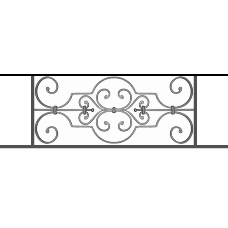 Appui de fenêtre type AF004 à sceller dans votre tableau de fenêtre. Longueur finie de 960mm et Hauteur finie de 314mm. Convient pour les tableaux de fenêtre de 860mm. 50mm de scellement sont prévue de chaque côté. Main courante laminée de 860mm de long en fer forgé sur le dessus. Motif au centre de 670mm de long par 290mm de haut. Le reste de la structure est en tube acier carré de 16mm de section.