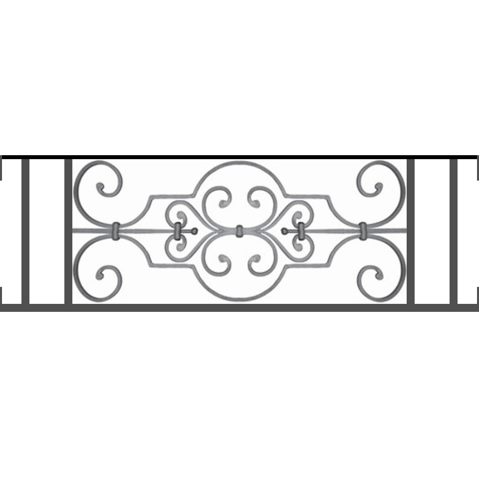 Appui de fenêtre type AF004 à visser dans votre tableau de fenêtre. Longueur finie de 960mm et Hauteur finie de 314mm. Convient pour les tableaux de fenêtre de 960mm. Main courante laminée de 960mm de long en fer forgé sur le dessus. Motif au centre de 670mm de long par 290mm de haut. Le reste de la structure est en tube acier carré de 16mm de section.