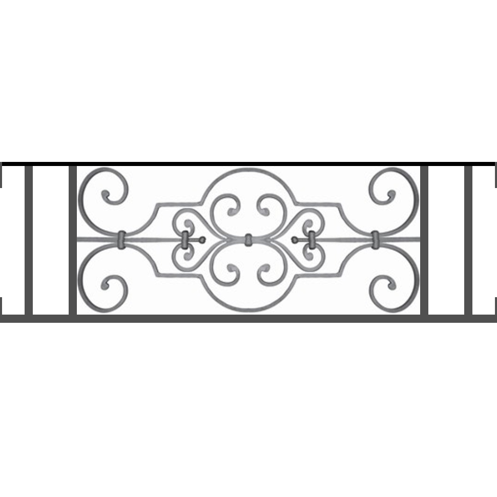 Appui de fenêtre type AF004 à visser dans votre tableau de fenêtre. Longueur finie de 970mm et Hauteur finie de 314mm. Convient pour les tableaux de fenêtre de 970mm. Main courante laminée de 970mm de long en fer forgé sur le dessus. Motif au centre de 670mm de long par 290mm de haut. Le reste de la structure est en tube acier carré de 16mm de section.