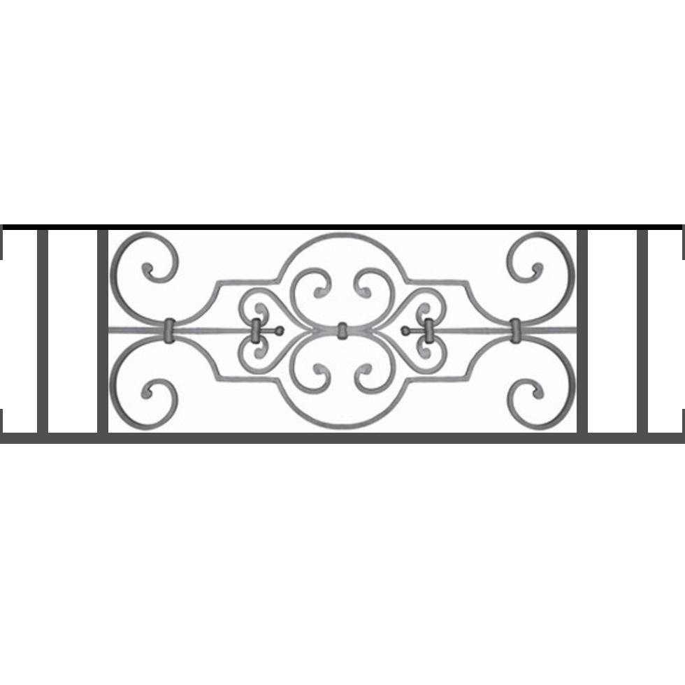 Appui de fenêtre type AF004 à visser dans votre tableau de fenêtre. Longueur finie de 980mm et Hauteur finie de 314mm. Convient pour les tableaux de fenêtre de 980mm. Main courante laminée de 980mm de long en fer forgé sur le dessus. Motif au centre de 670mm de long par 290mm de haut. Le reste de la structure est en tube acier carré de 16mm de section.