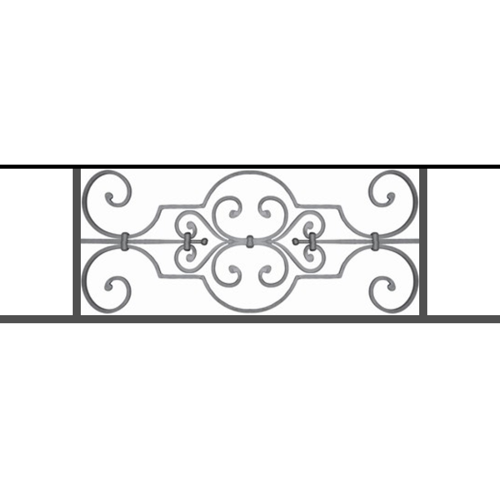 Appui de fenêtre type AF004 à sceller dans votre tableau de fenêtre. Longueur finie de 990mm et Hauteur finie de 314mm. Convient pour les tableaux de fenêtre de 890mm. 50mm de scellement sont prévue de chaque côté. Main courante laminée de 890mm de long en fer forgé sur le dessus. Motif au centre de 670mm de long par 290mm de haut. Le reste de la structure est en tube acier carré de 16mm de section.