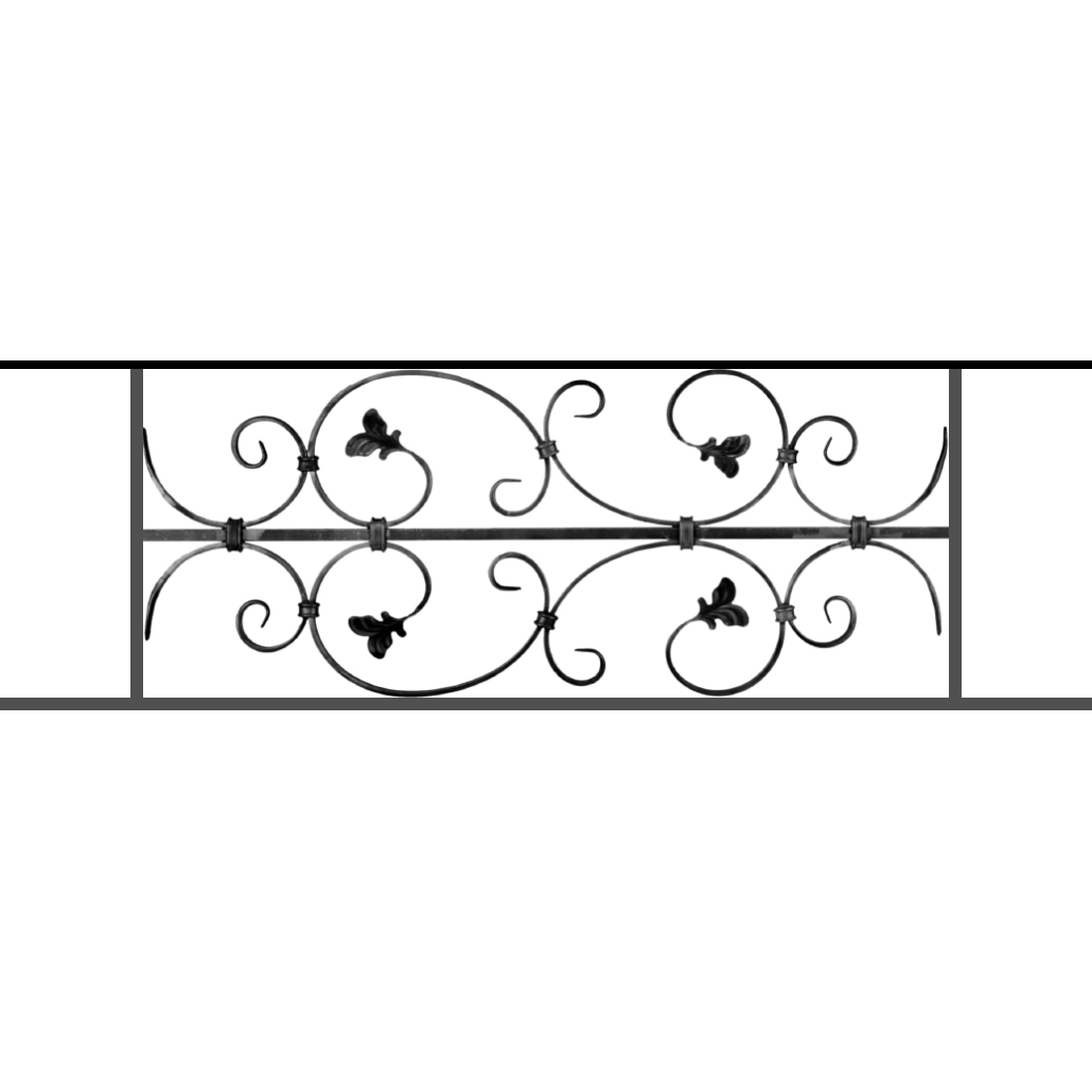 Appui de fenêtre type AF005 à sceller dans votre tableau de fenêtre. Longueur finie de 1030mm et Hauteur finie de 310mm. Convient pour les tableaux de fenêtre de 930mm. 50mm de scellement sont prévue de chaque côté. Main courante laminée de 930mm de long en fer forgé sur le dessus. Motif au centre de 760mm de long par 290mm de haut. Le reste de la structure est en acier carré plein de 12mm de section.
