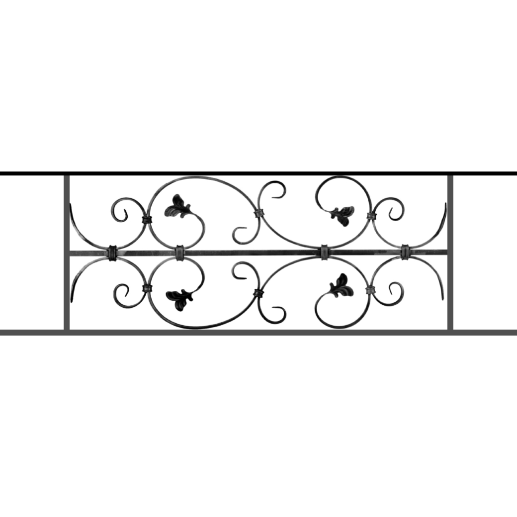 Appui de fenêtre type AF005 à sceller dans votre tableau de fenêtre. Longueur finie de 1040mm et Hauteur finie de 310mm. Convient pour les tableaux de fenêtre de 940mm. 50mm de scellement sont prévue de chaque côté. Main courante laminée de 940mm de long en fer forgé sur le dessus. Motif au centre de 760mm de long par 290mm de haut. Le reste de la structure est en acier carré plein de 12mm de section.