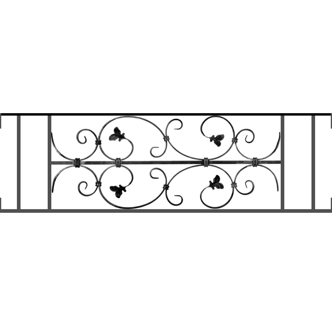 Appui de fenêtre type AF005 à visser dans votre tableau de fenêtre. Longueur finie de 1100mm et Hauteur finie de 310mm. Convient pour les tableaux de fenêtre de 1100mm. Main courante laminée de 1100mm de long en fer forgé sur le dessus. Motif au centre de 760mm de long par 290mm de haut. Le reste de la structure est en acier carré plein de 12mm de section.