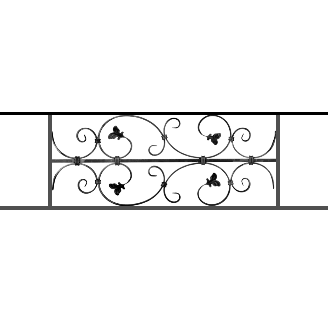 Appui de fenêtre type AF005 à sceller dans votre tableau de fenêtre. Longueur finie de 1110mm et Hauteur finie de 310mm. Convient pour les tableaux de fenêtre de 1010mm. 50mm de scellement sont prévue de chaque côté. Main courante laminée de 1010mm de long en fer forgé sur le dessus. Motif au centre de 760mm de long par 290mm de haut. Le reste de la structure est en acier carré plein de 12mm de section.