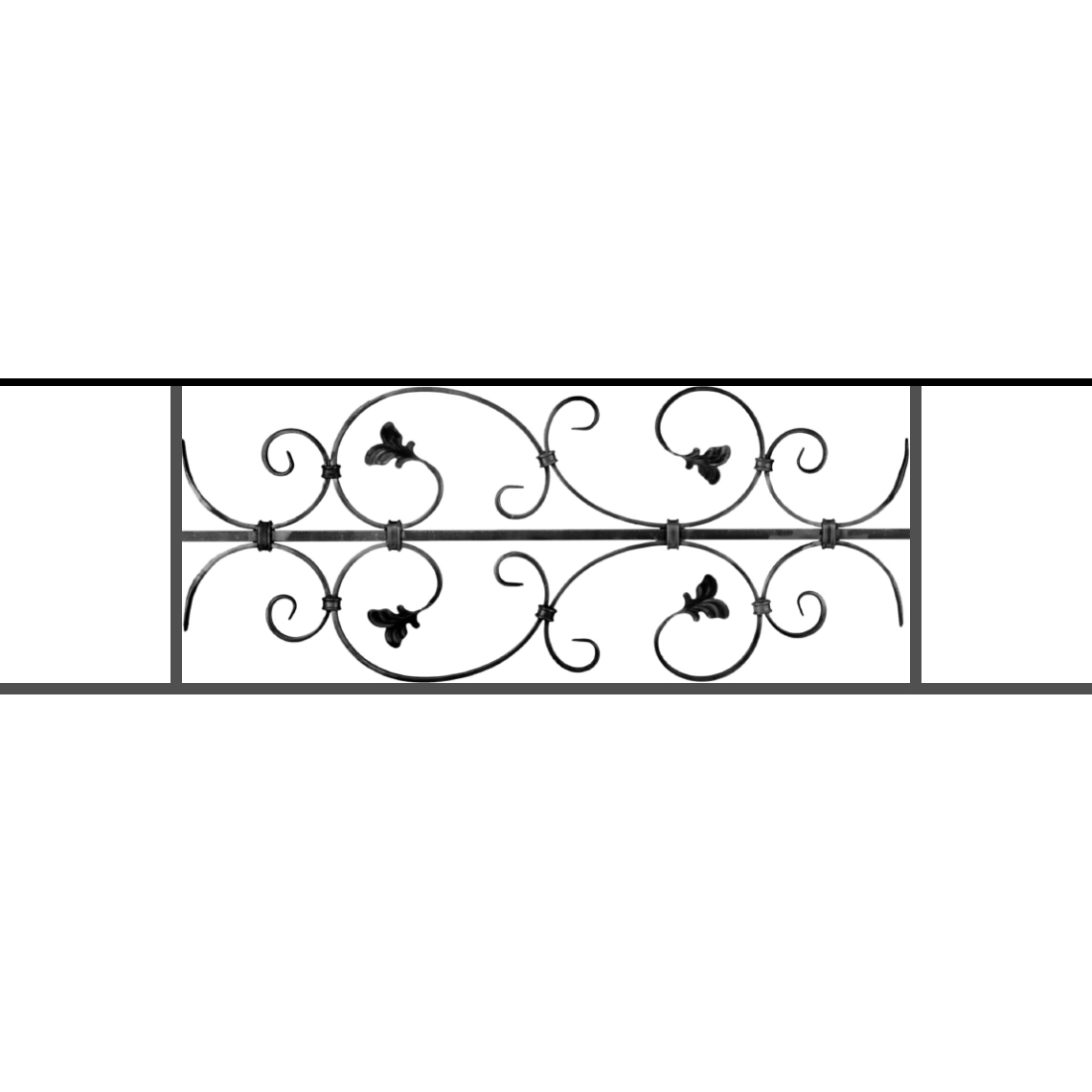 Appui de fenêtre type AF005 à sceller dans votre tableau de fenêtre. Longueur finie de 1140mm et Hauteur finie de 310mm. Convient pour les tableaux de fenêtre de 1040mm. 50mm de scellement sont prévue de chaque côté. Main courante laminée de 1040mm de long en fer forgé sur le dessus. Motif au centre de 760mm de long par 290mm de haut. Le reste de la structure est en acier carré plein de 12mm de section.