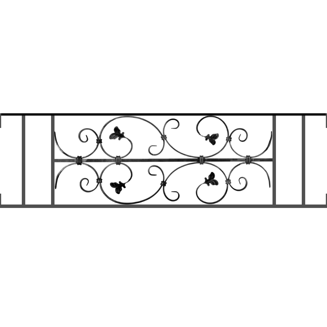 Appui de fenêtre type AF005 à visser dans votre tableau de fenêtre. Longueur finie de 1140mm et Hauteur finie de 310mm. Convient pour les tableaux de fenêtre de 1140mm. Main courante laminée de 1140mm de long en fer forgé sur le dessus. Motif au centre de 760mm de long par 290mm de haut. Le reste de la structure est en acier carré plein de 12mm de section.