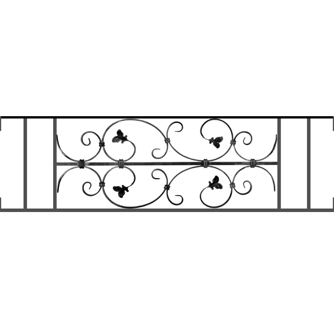 Appui de fenêtre type AF005 à visser dans votre tableau de fenêtre. Longueur finie de 1150mm et Hauteur finie de 310mm. Convient pour les tableaux de fenêtre de 1150mm. Main courante laminée de 1150mm de long en fer forgé sur le dessus. Motif au centre de 760mm de long par 290mm de haut. Le reste de la structure est en acier carré plein de 12mm de section.