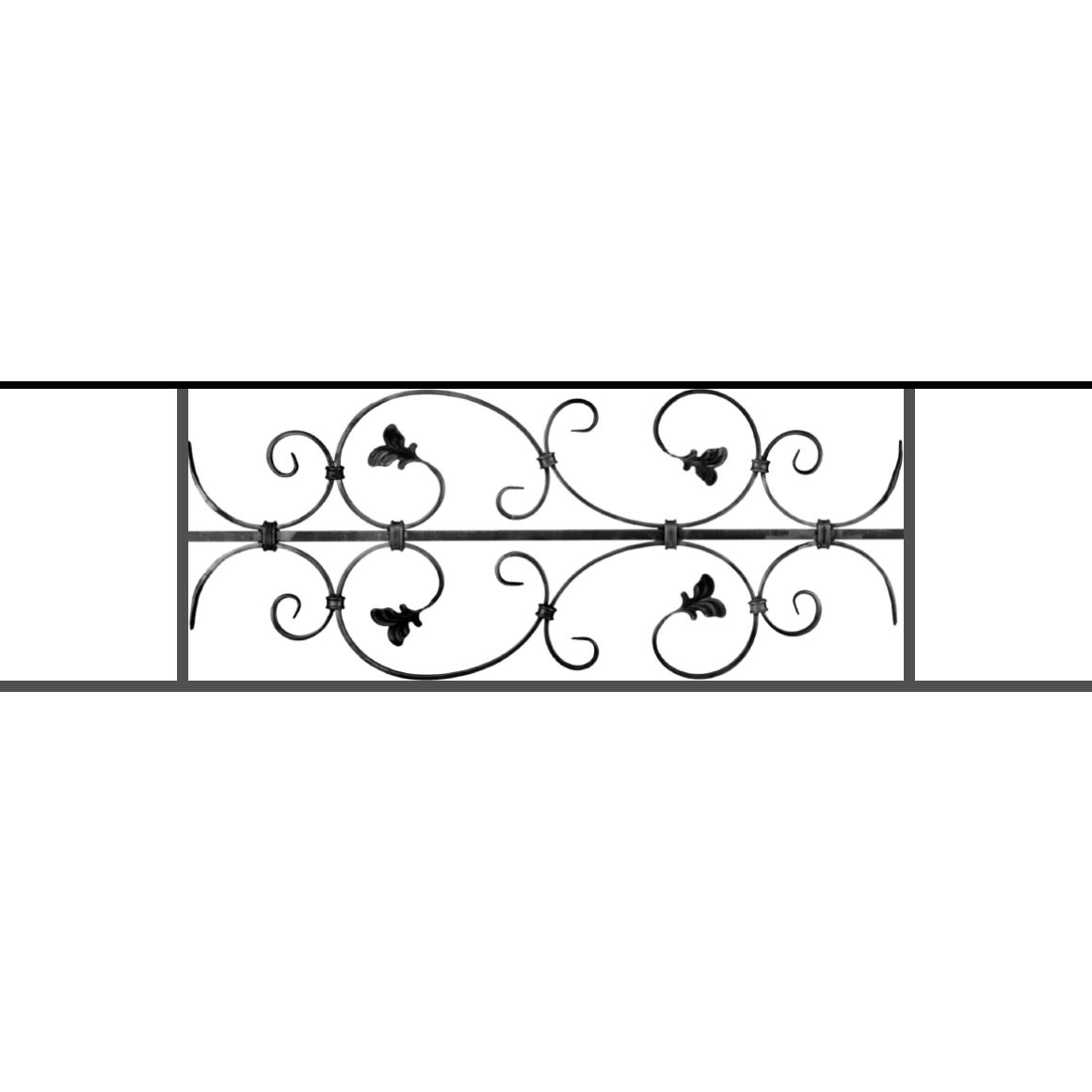 Appui de fenêtre type AF005 à sceller dans votre tableau de fenêtre. Longueur finie de 1160mm et Hauteur finie de 310mm. Convient pour les tableaux de fenêtre de 1060mm. 50mm de scellement sont prévue de chaque côté. Main courante laminée de 1060mm de long en fer forgé sur le dessus. Motif au centre de 760mm de long par 290mm de haut. Le reste de la structure est en acier carré plein de 12mm de section.